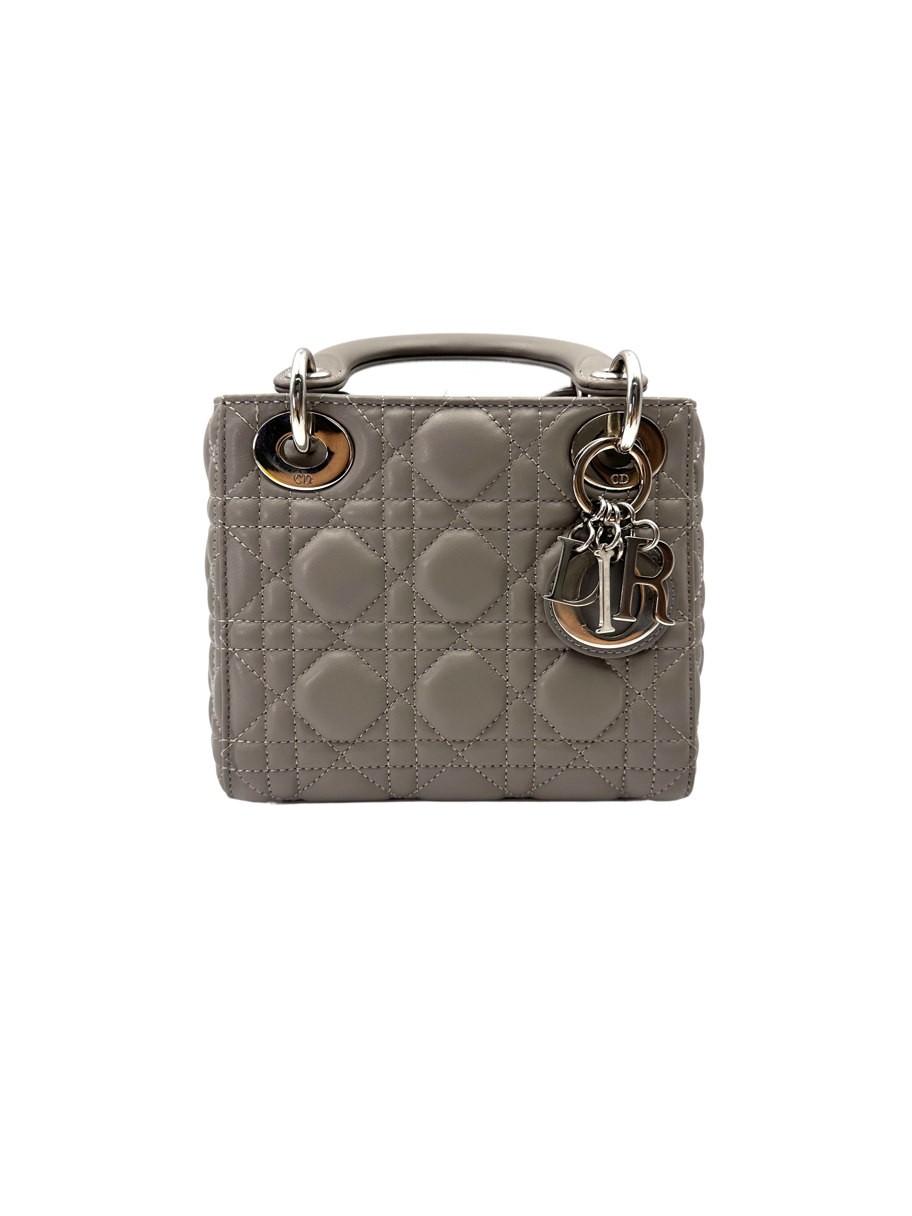 Christian Dior Lady Dior Grey Cannage Lambskin Handle Bag With Silver Charms DR793