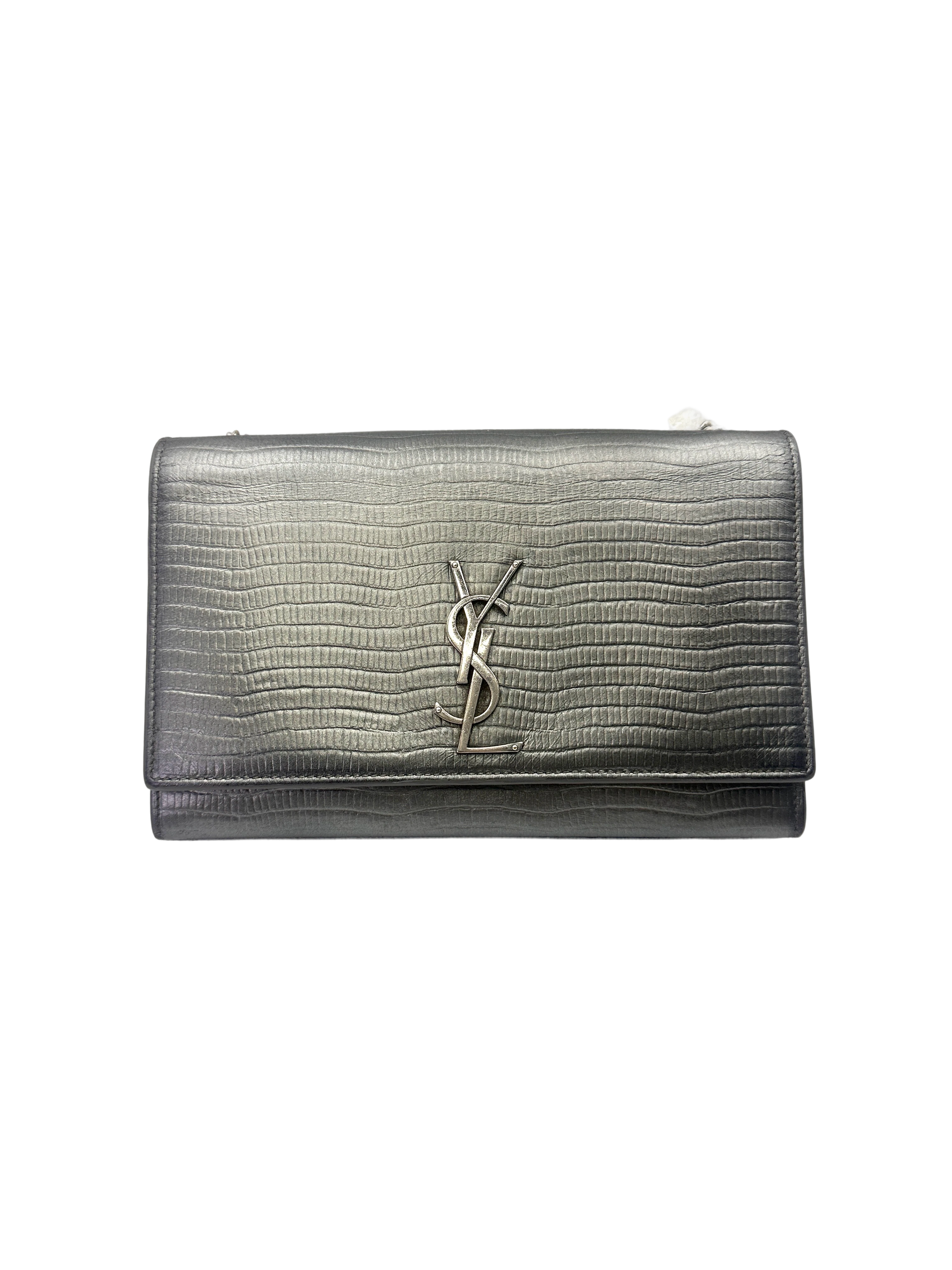 Saint Laurent Kate Grey Metallic Crocodile-Embossed Leather Shoulder Bag SL256