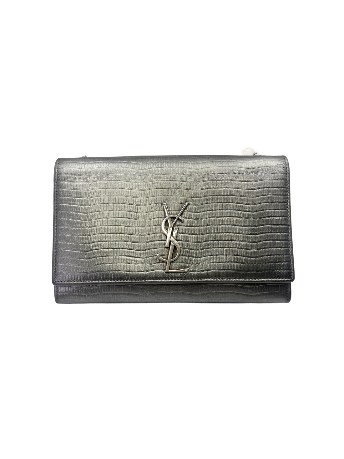Saint Laurent Kate Grey Metallic Crocodile-Embossed Leather Shoulder Bag SL256