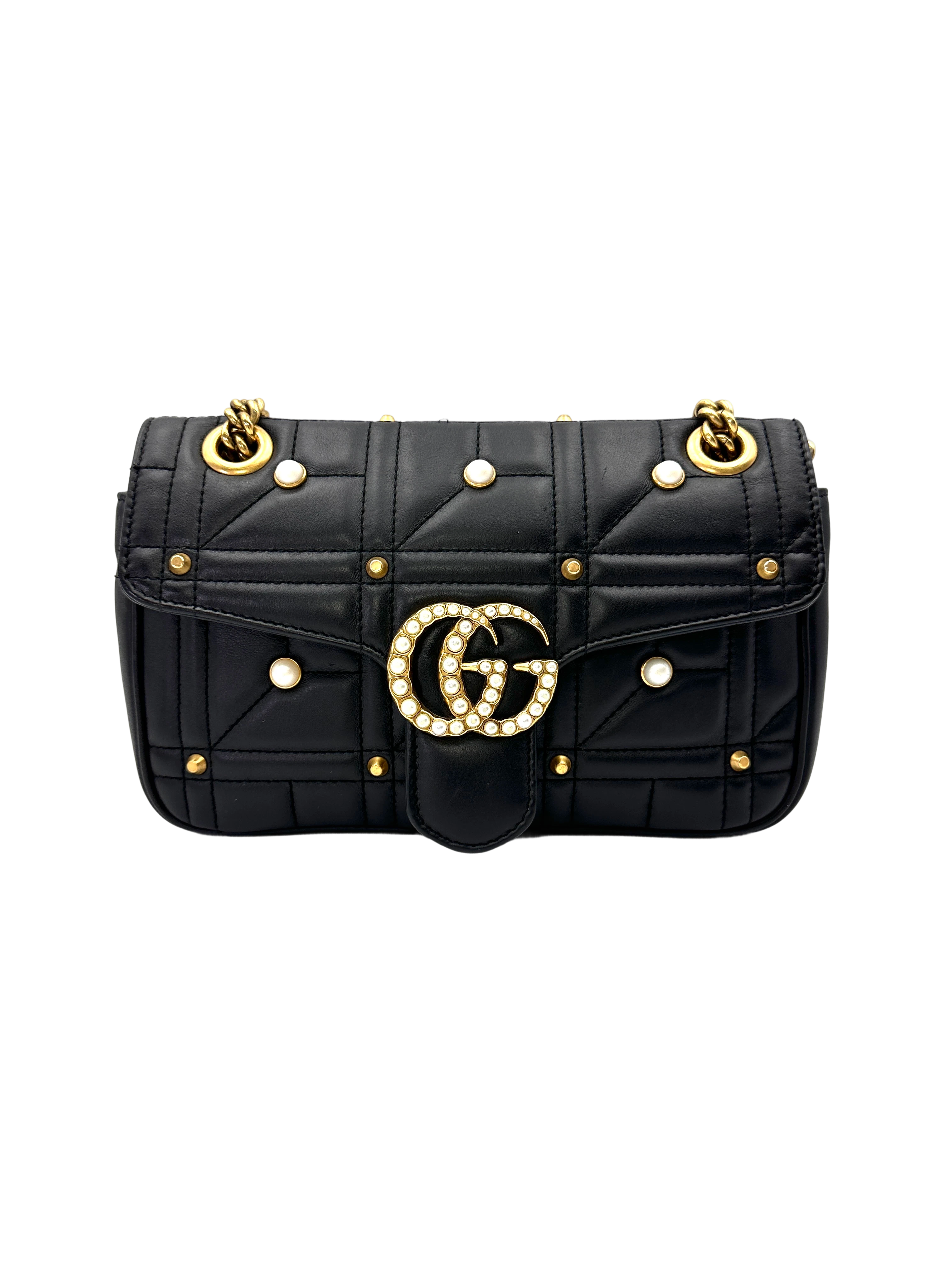 Gucci GG Marmont Pearl And Studded Embellished Black Quilted Leather Shoulder Bag GG1305