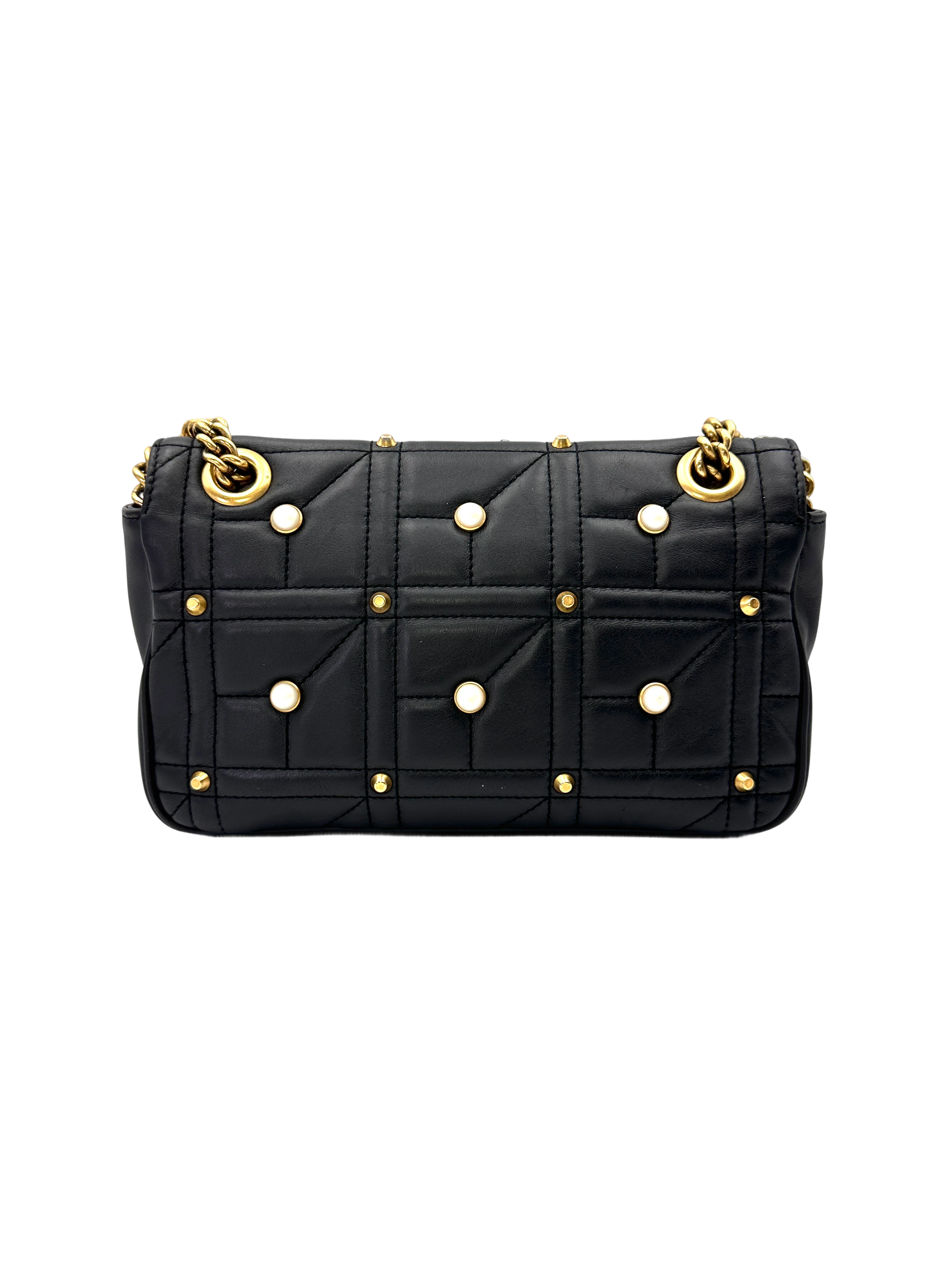 Gucci GG Marmont Pearl And Studded Embellished Black Quilted Leather Shoulder Bag GG1305