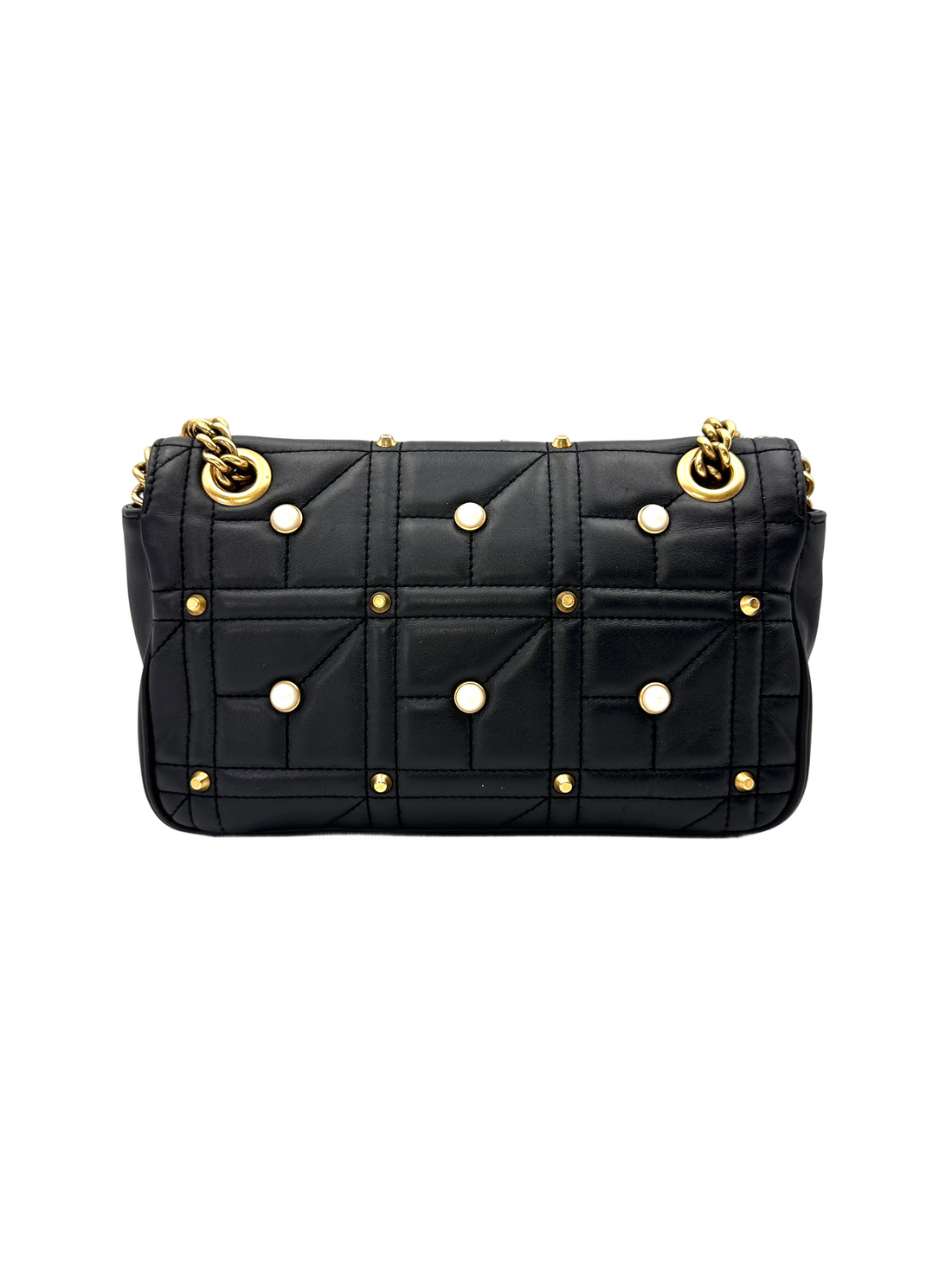 Gucci GG Marmont Pearl And Studded Embellished Black Quilted Leather Shoulder Bag GG1305
