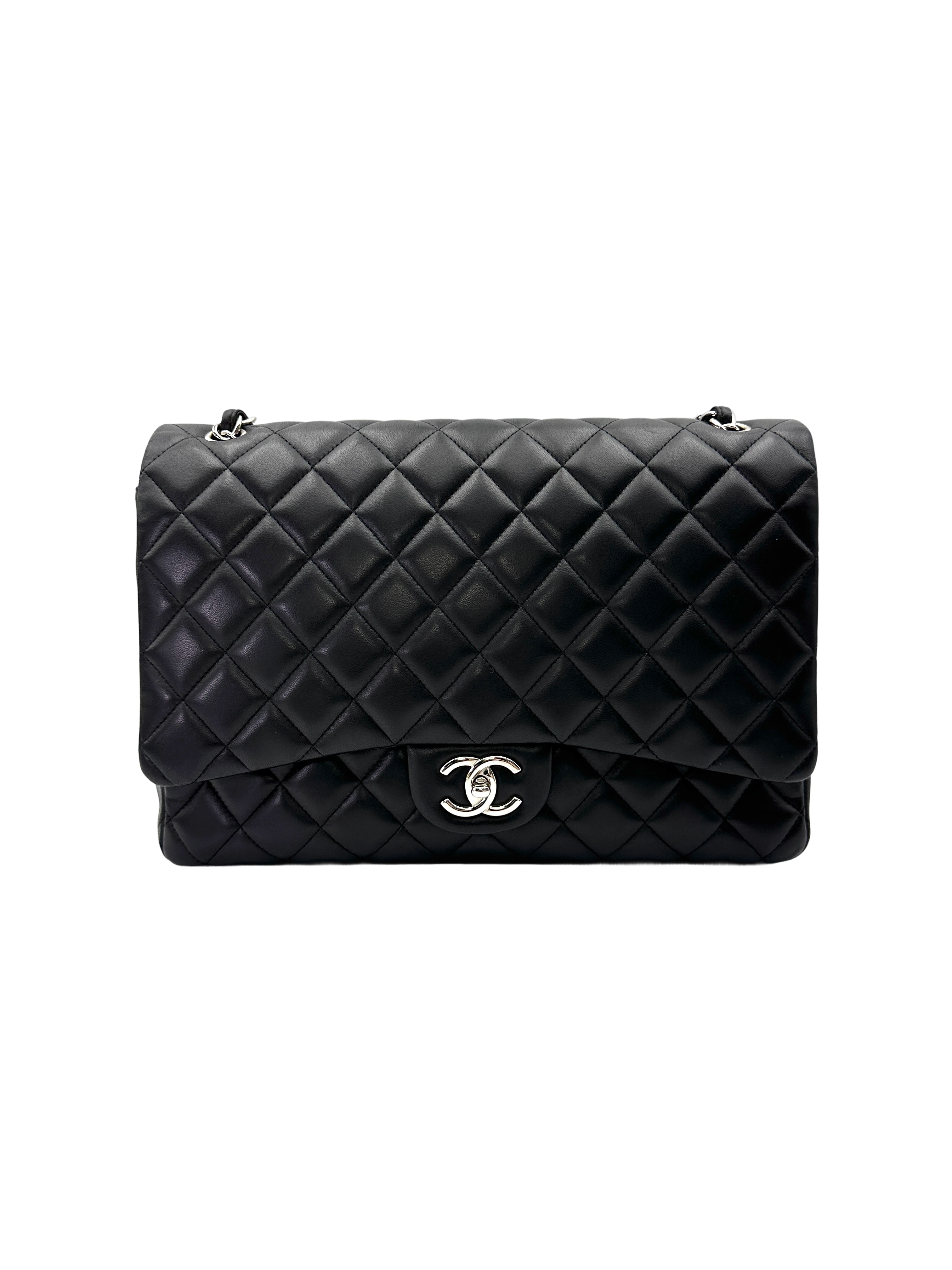 Chanel Classic Flap Black Quilted Leather Maxi Shoulder Bag With Silver Buckle(15***07) CC2146
