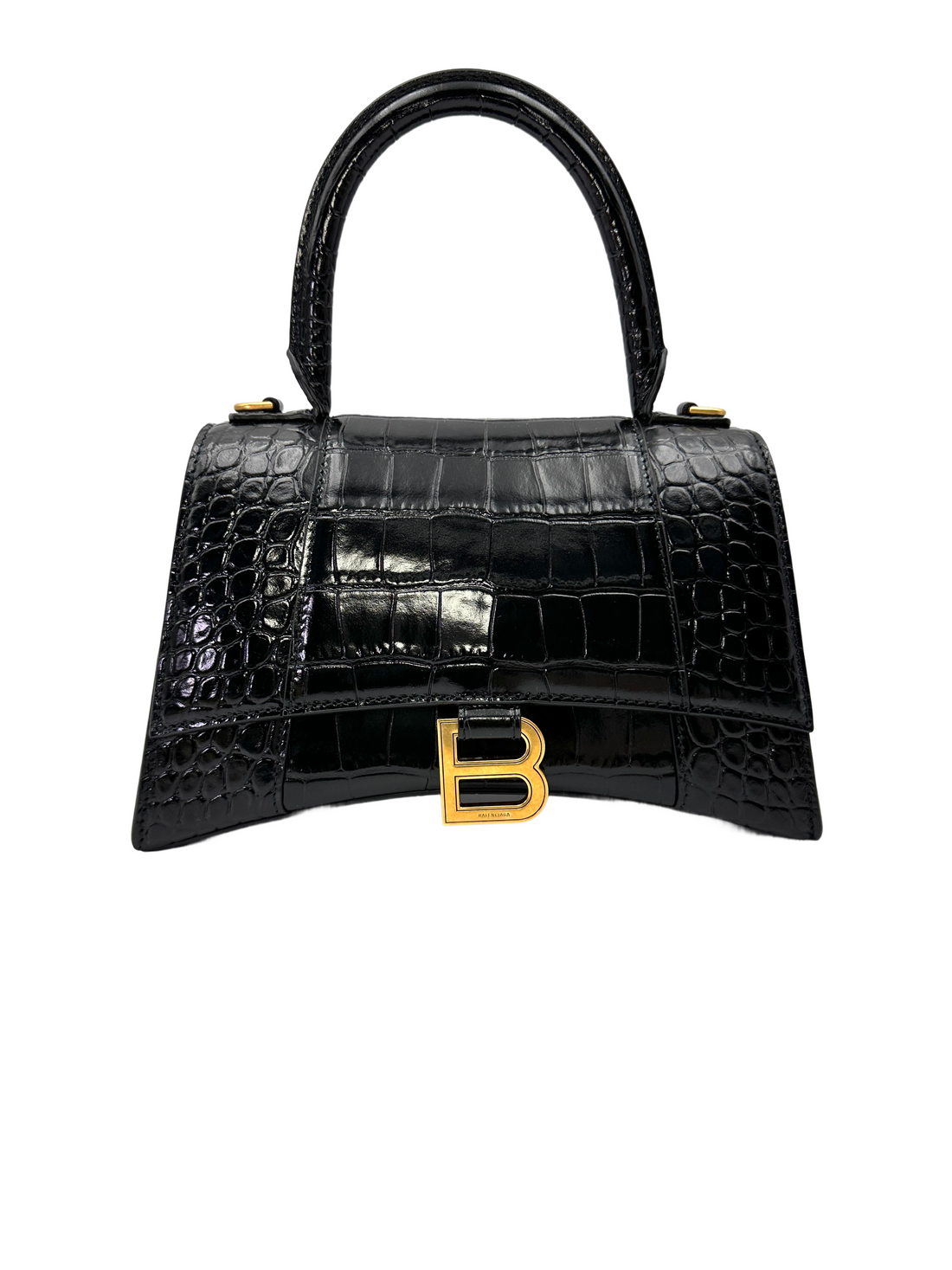 Balenciaga Hourglass Black Croc-Embossed Leather Handle Bag BB74