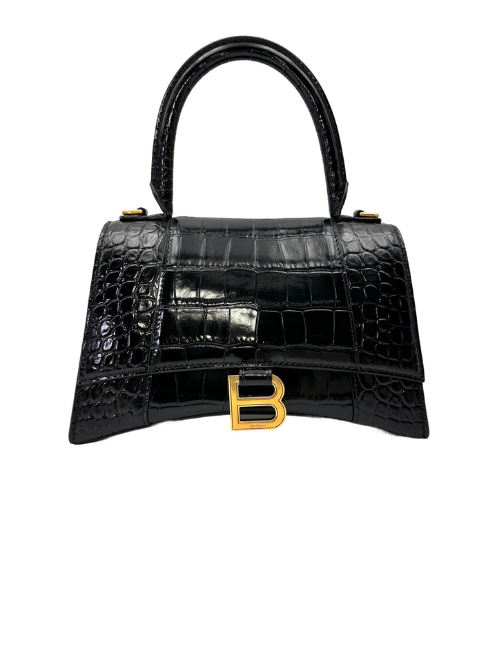 Balenciaga Hourglass Black Croc-Embossed Leather Handle Bag BB74