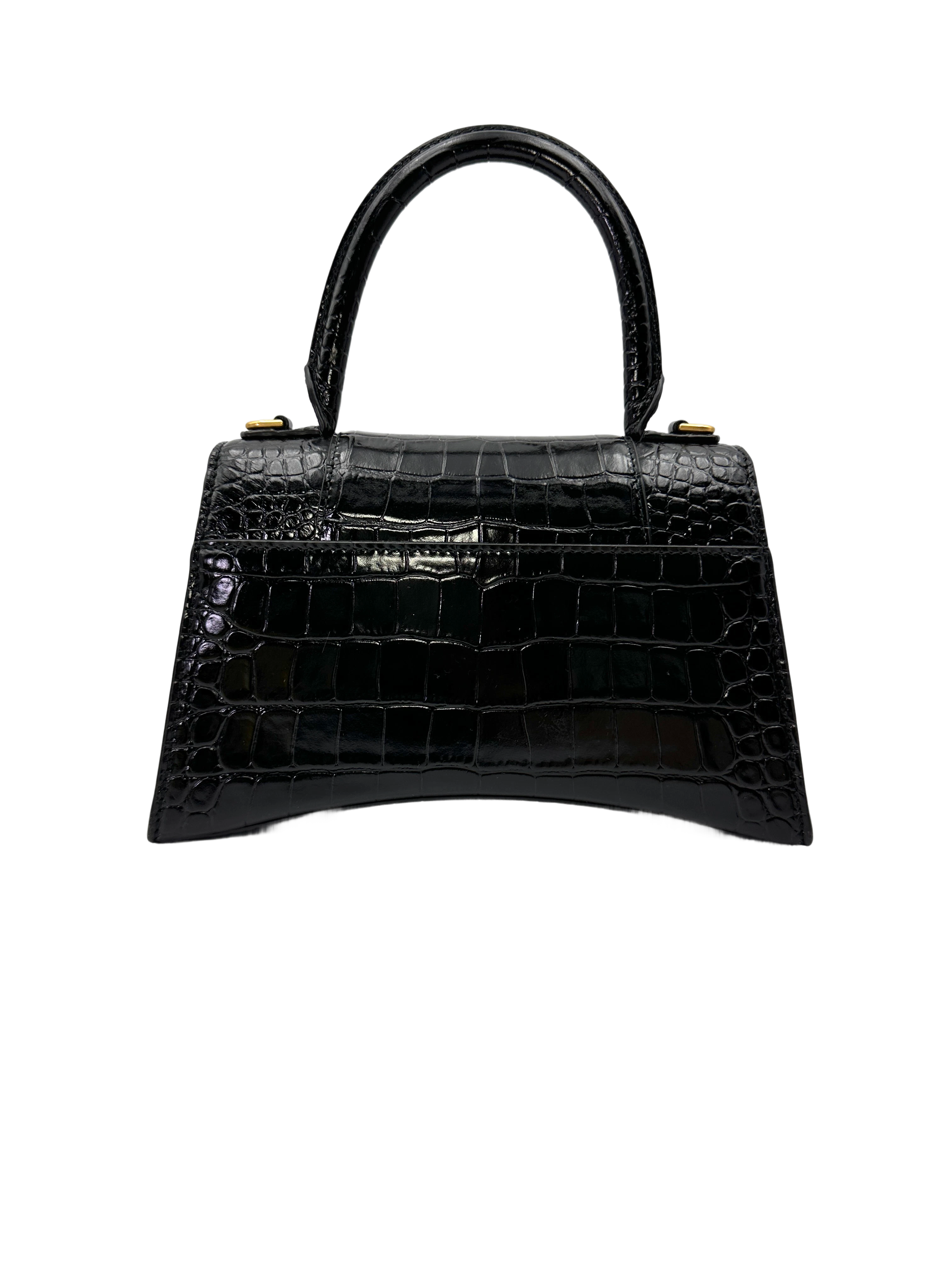 Balenciaga Hourglass Black Croc-Embossed Leather Handle Bag BB74