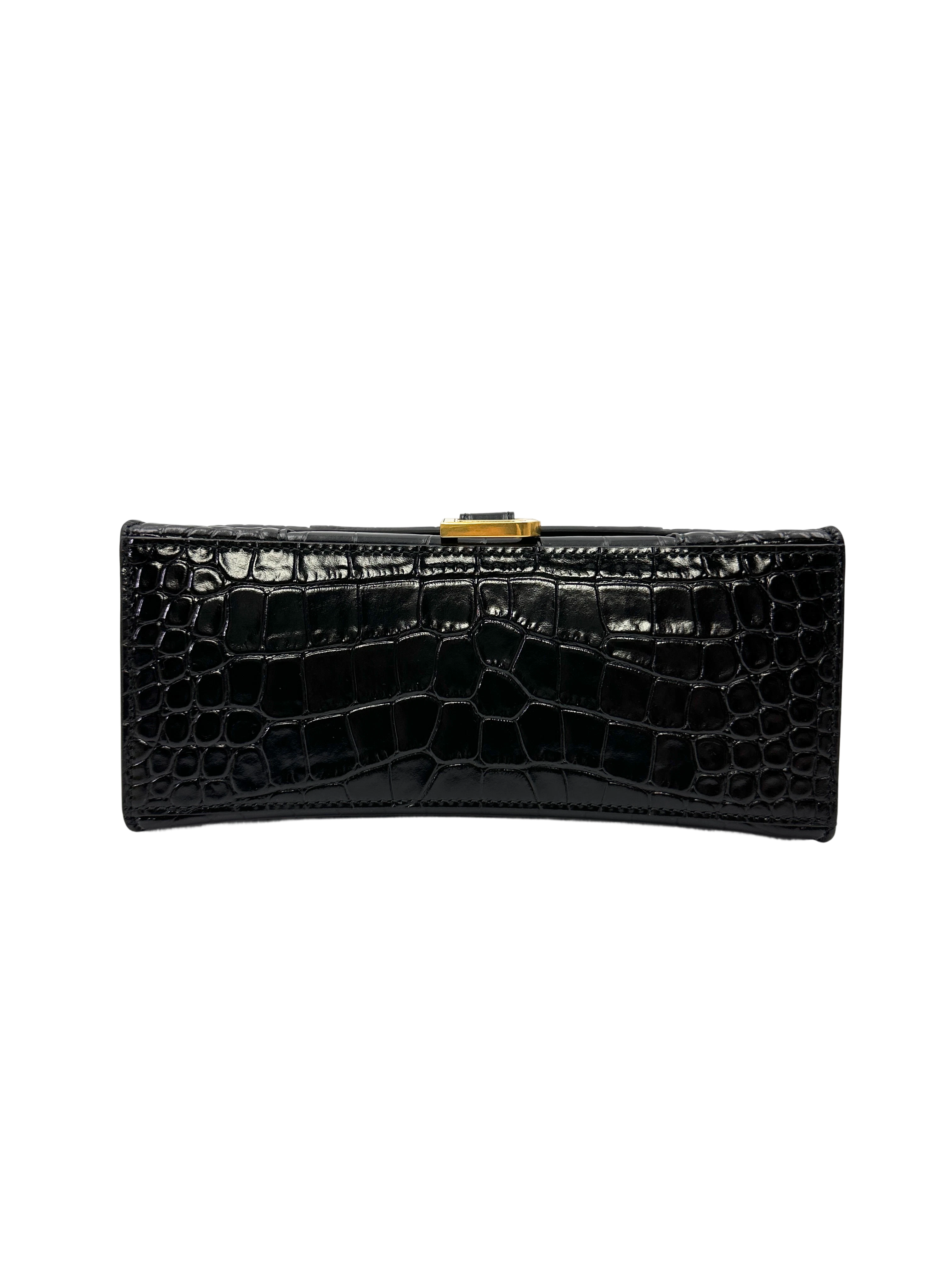 Balenciaga Hourglass Black Croc-Embossed Leather Handle Bag BB74