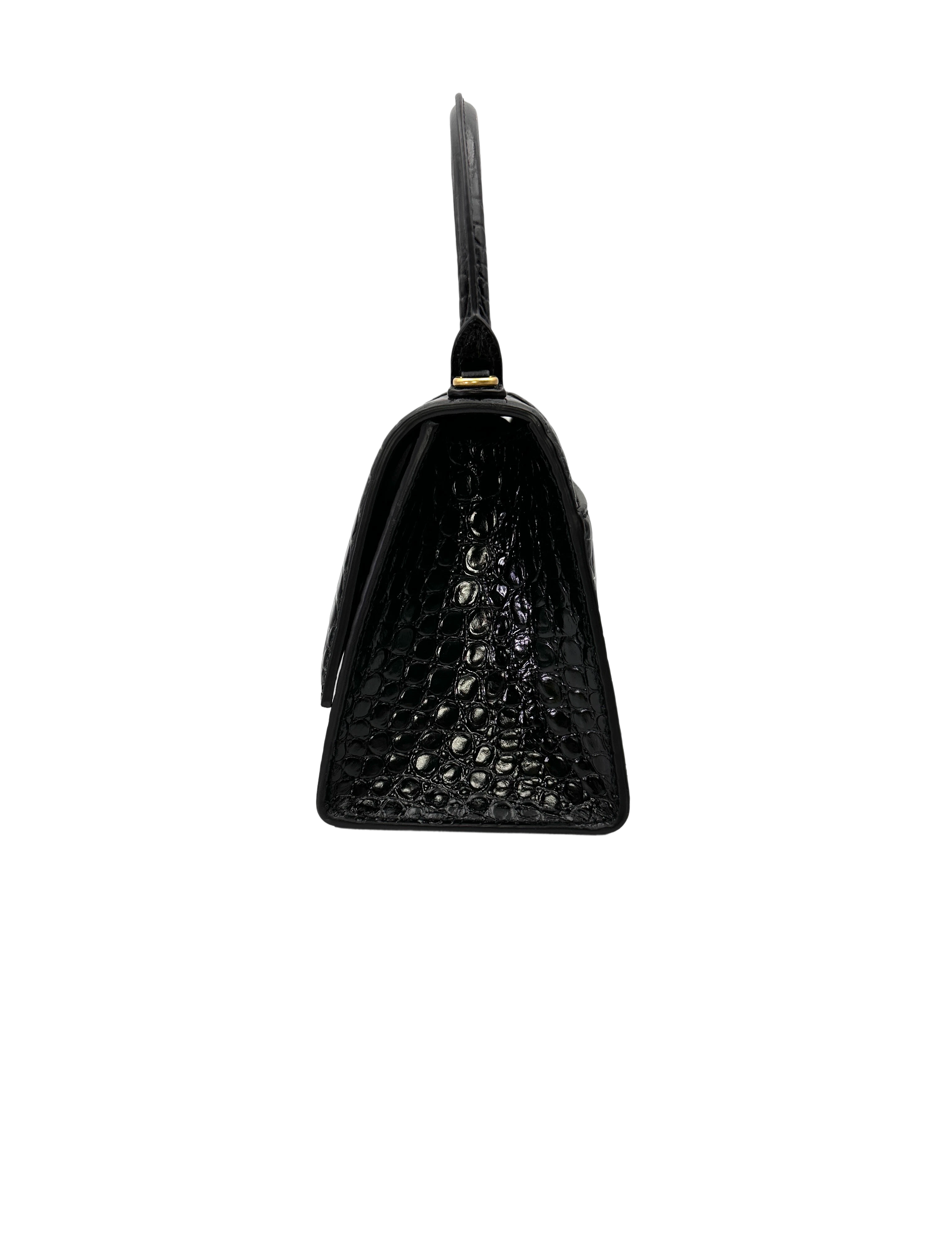Balenciaga Hourglass Black Croc-Embossed Leather Handle Bag BB74