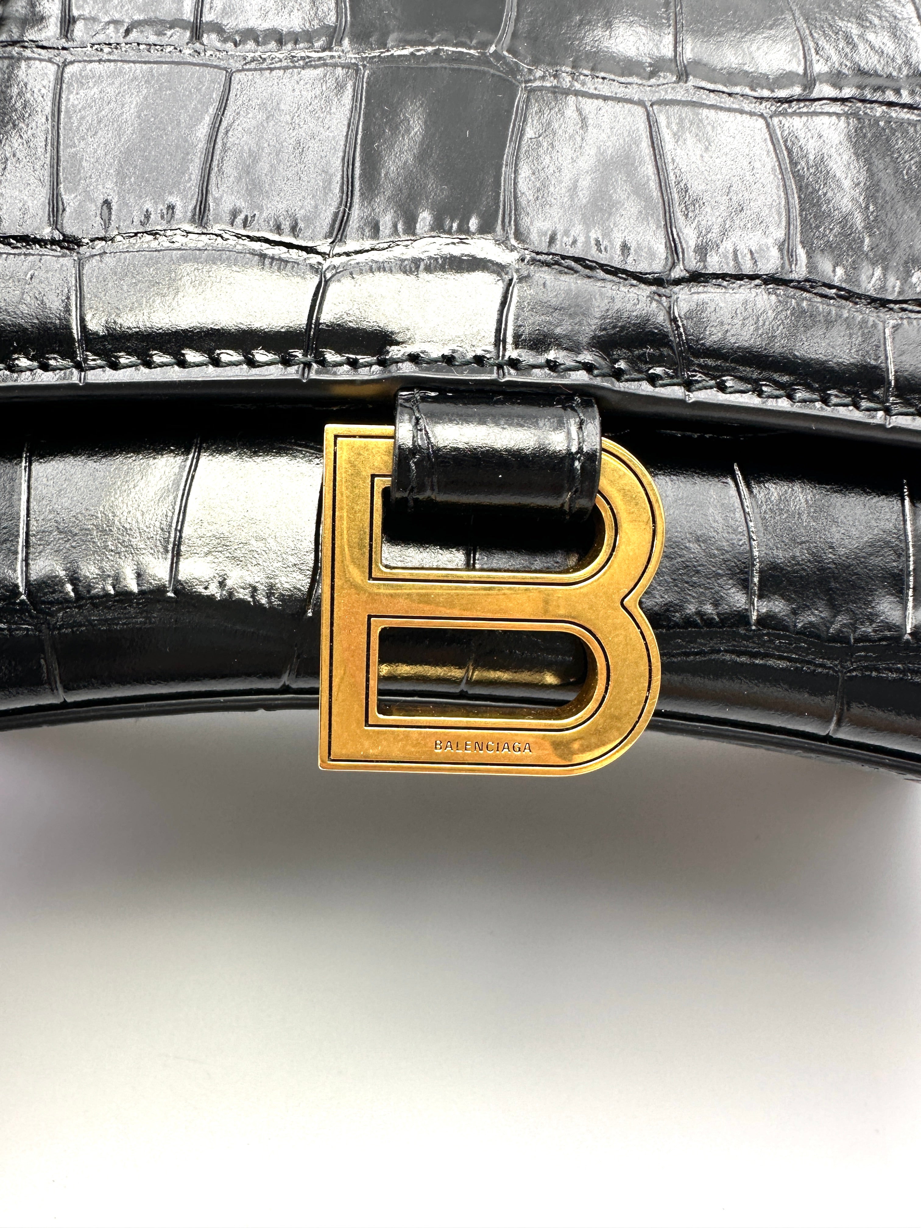 Balenciaga Hourglass Black Croc-Embossed Leather Handle Bag BB76