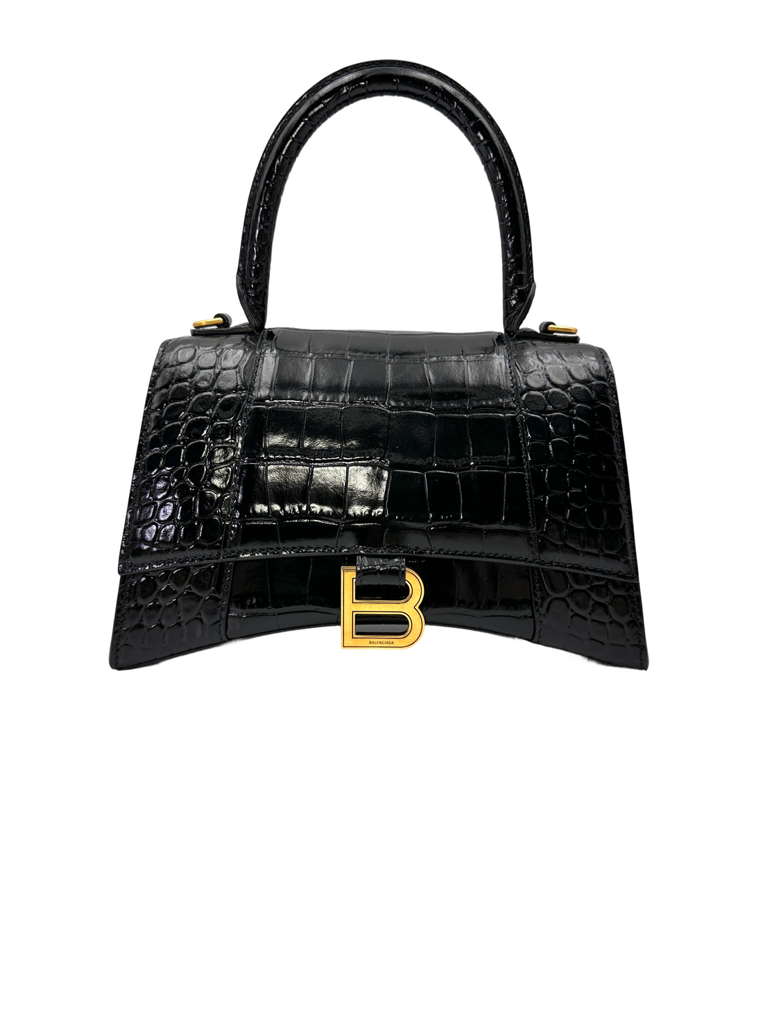 Balenciaga Hourglass Black Croc-Embossed Leather Handle Bag BB75
