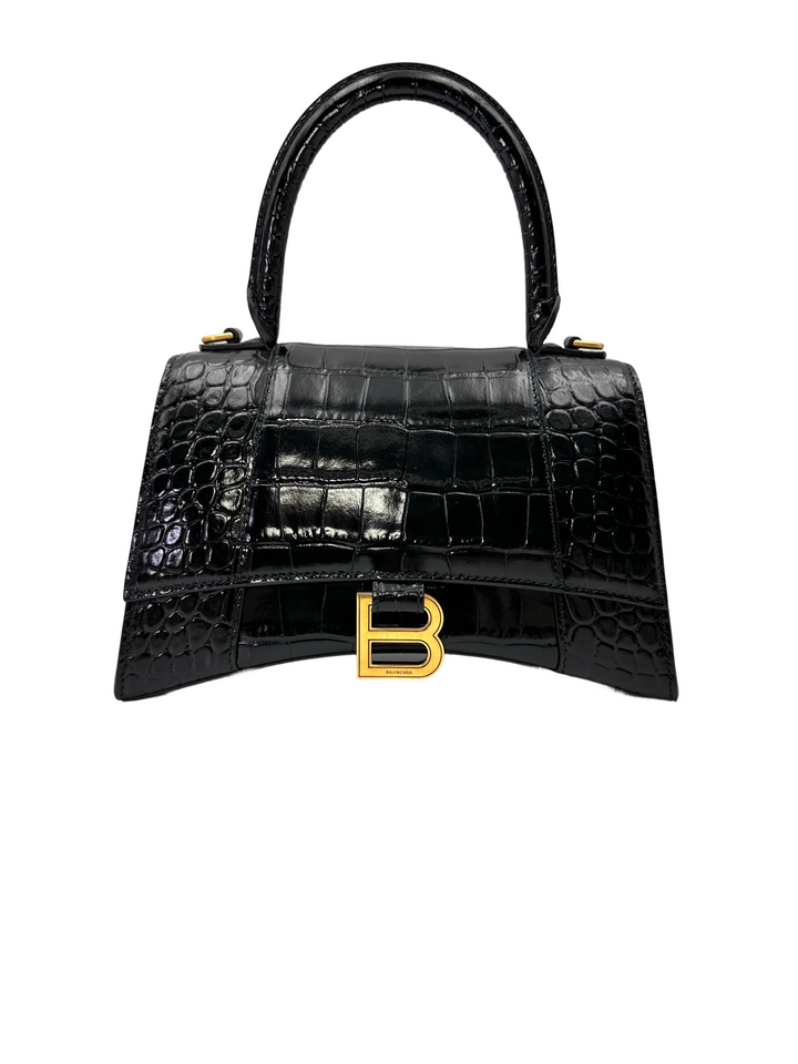 Balenciaga Hourglass Black Croc-Embossed Leather Handle Bag BB75