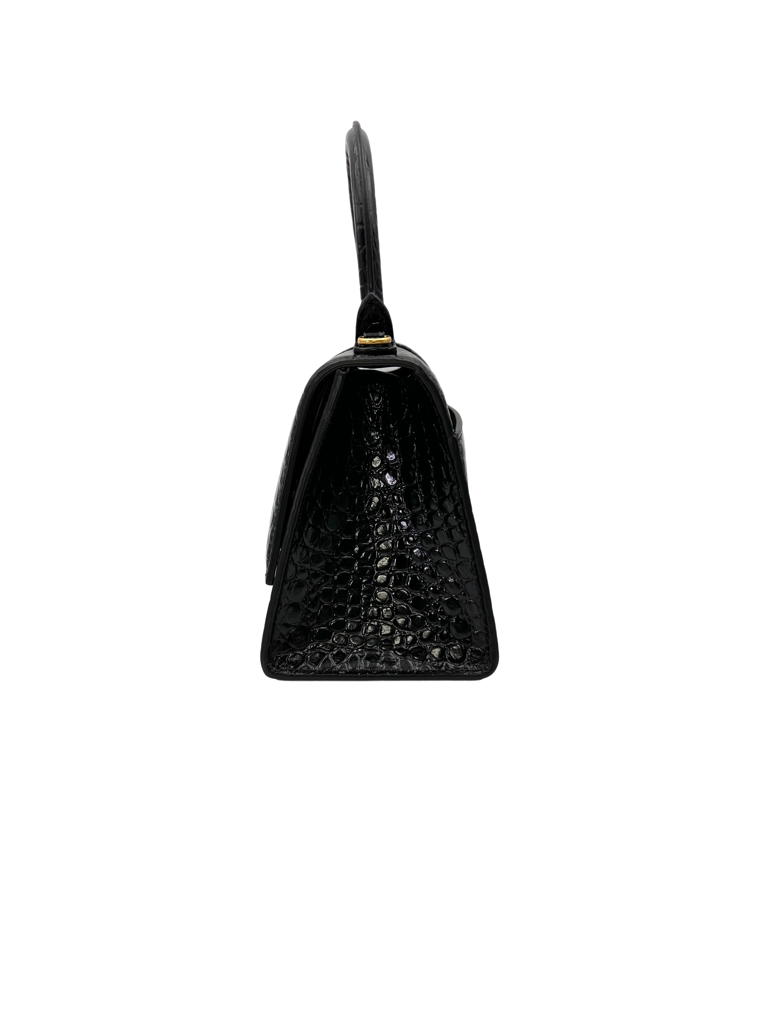 Balenciaga Hourglass Black Croc-Embossed Leather Handle Bag BB75