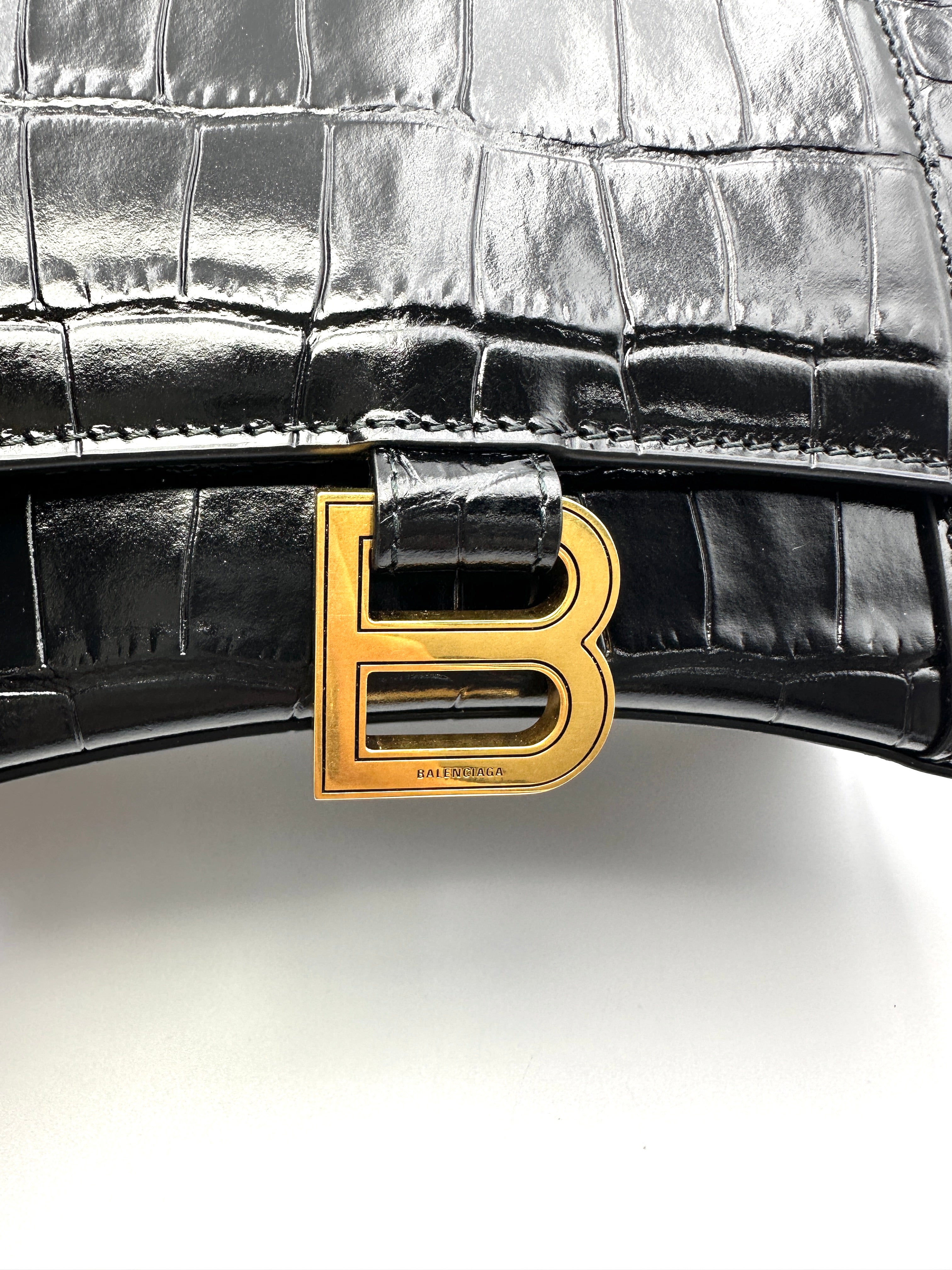 Balenciaga Hourglass Black Croc-Embossed Leather Handle Bag BB78