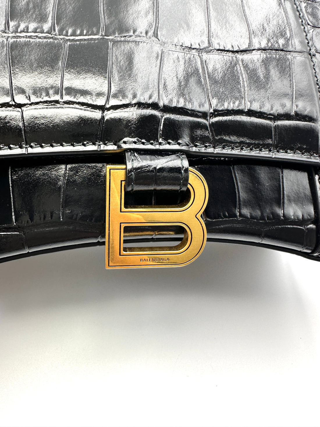 Balenciaga Hourglass Black Croc-Embossed Leather Handle Bag BB78