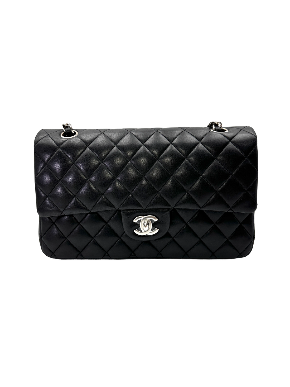 Chanel Classic Flap Black Quilted Lambskin Medium Size Shoulder Bag With Silver Buckle(13***00) CC2143