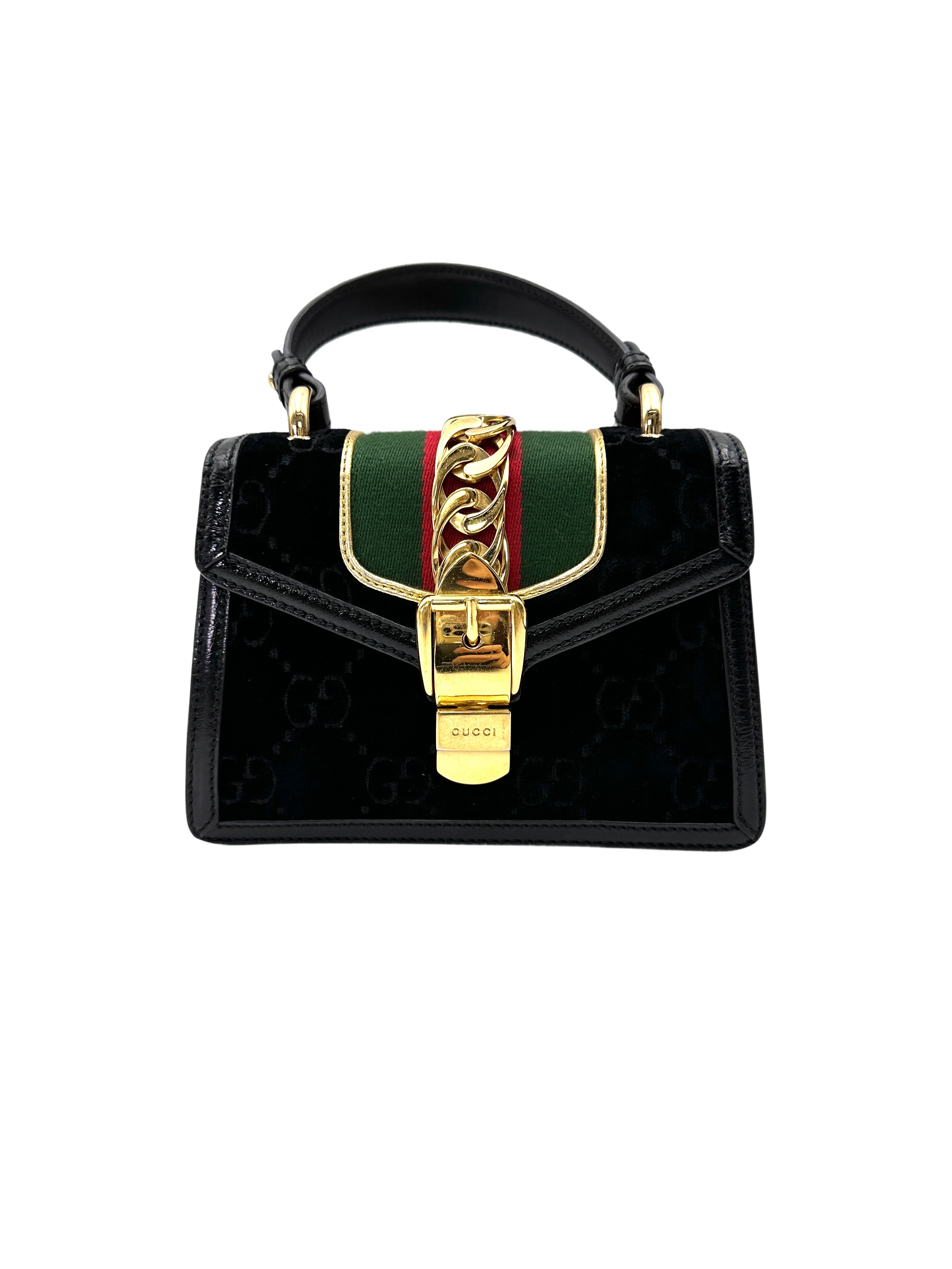 Gucci Sylvie Black Velvet Top Handle Bag GG1306
