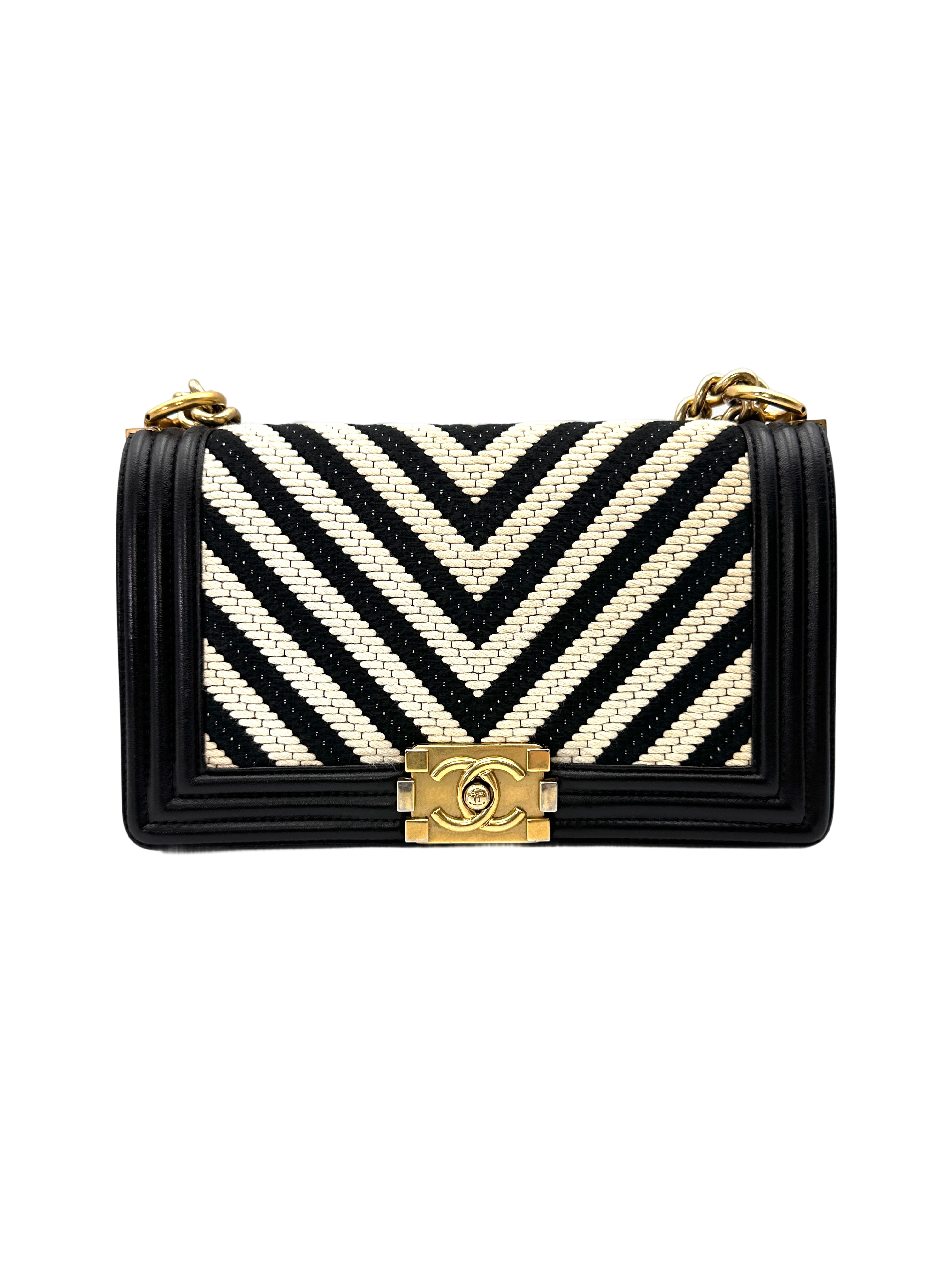Chanel LeBoy Black/White Chevron Quilted Leather Medium Size Flap Bag With Gold Buckle(23***64)  CC2142