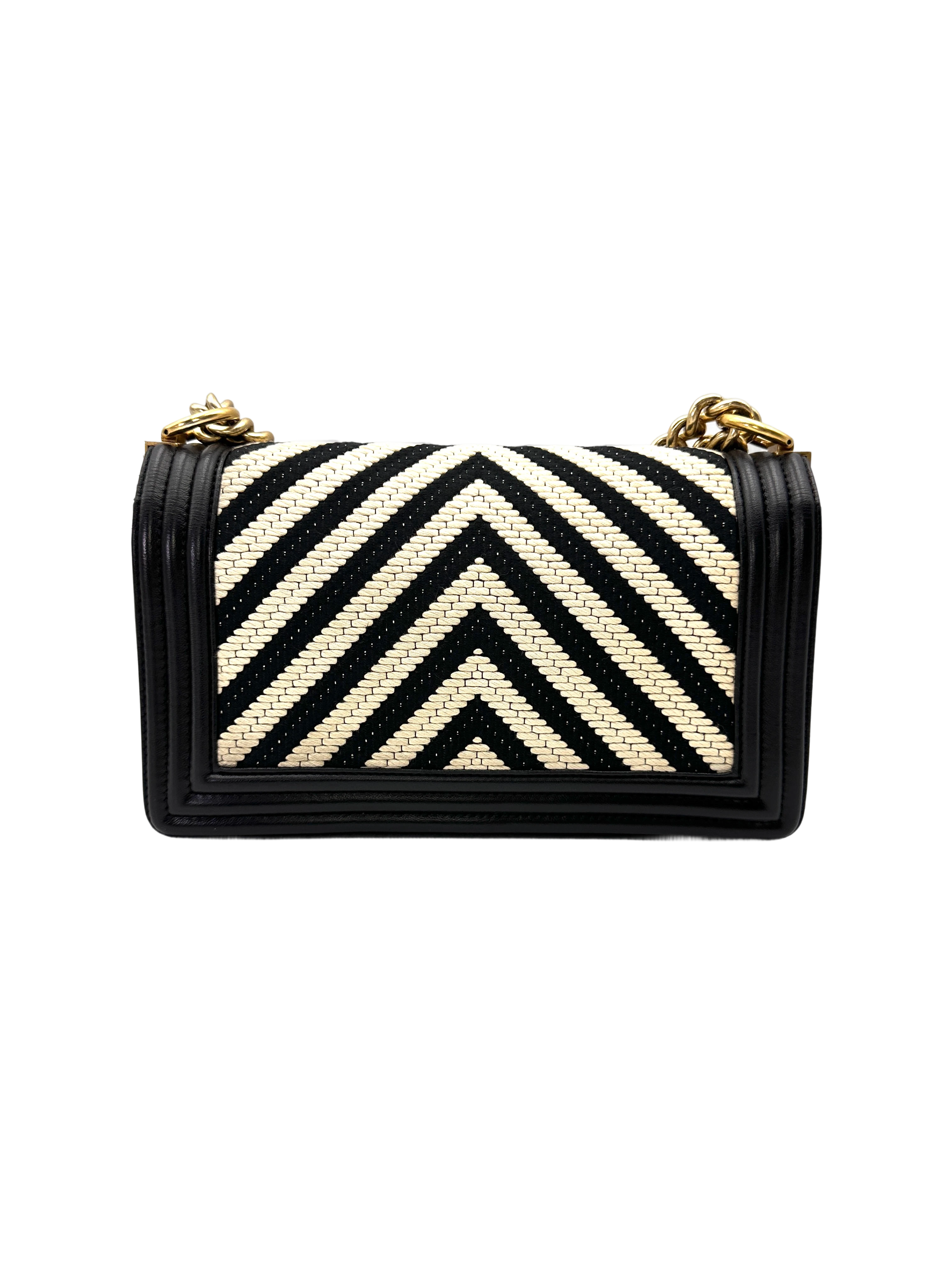 Chanel LeBoy Black/White Chevron Quilted Leather Medium Size Flap Bag With Gold Buckle(23***64)  CC2142