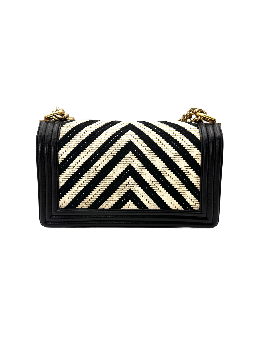 Chanel LeBoy Black/White Chevron Quilted Leather Medium Size Flap Bag With Gold Buckle(23***64)  CC2142