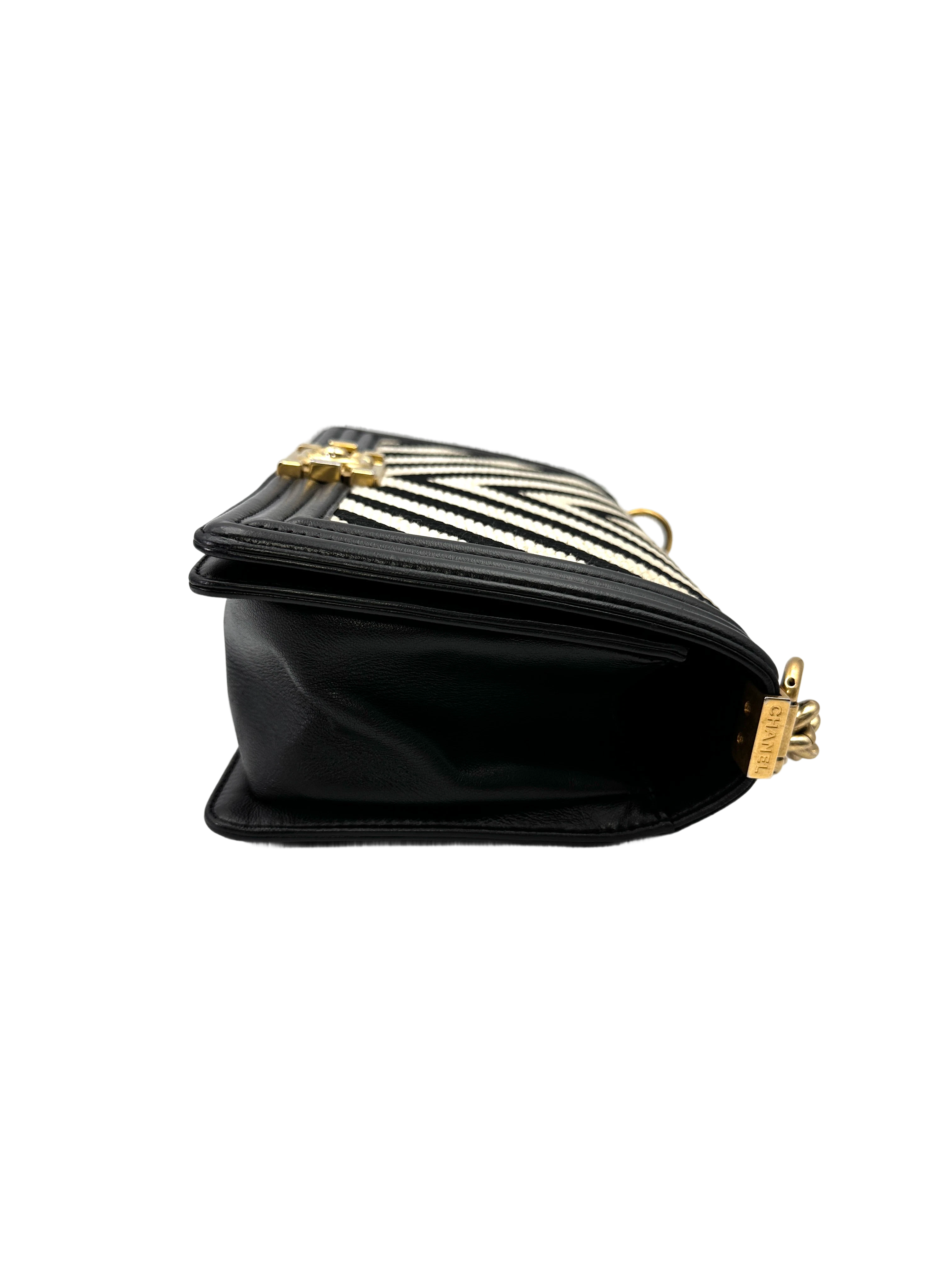 Chanel LeBoy Black/White Chevron Quilted Leather Medium Size Flap Bag With Gold Buckle(23***64)  CC2142