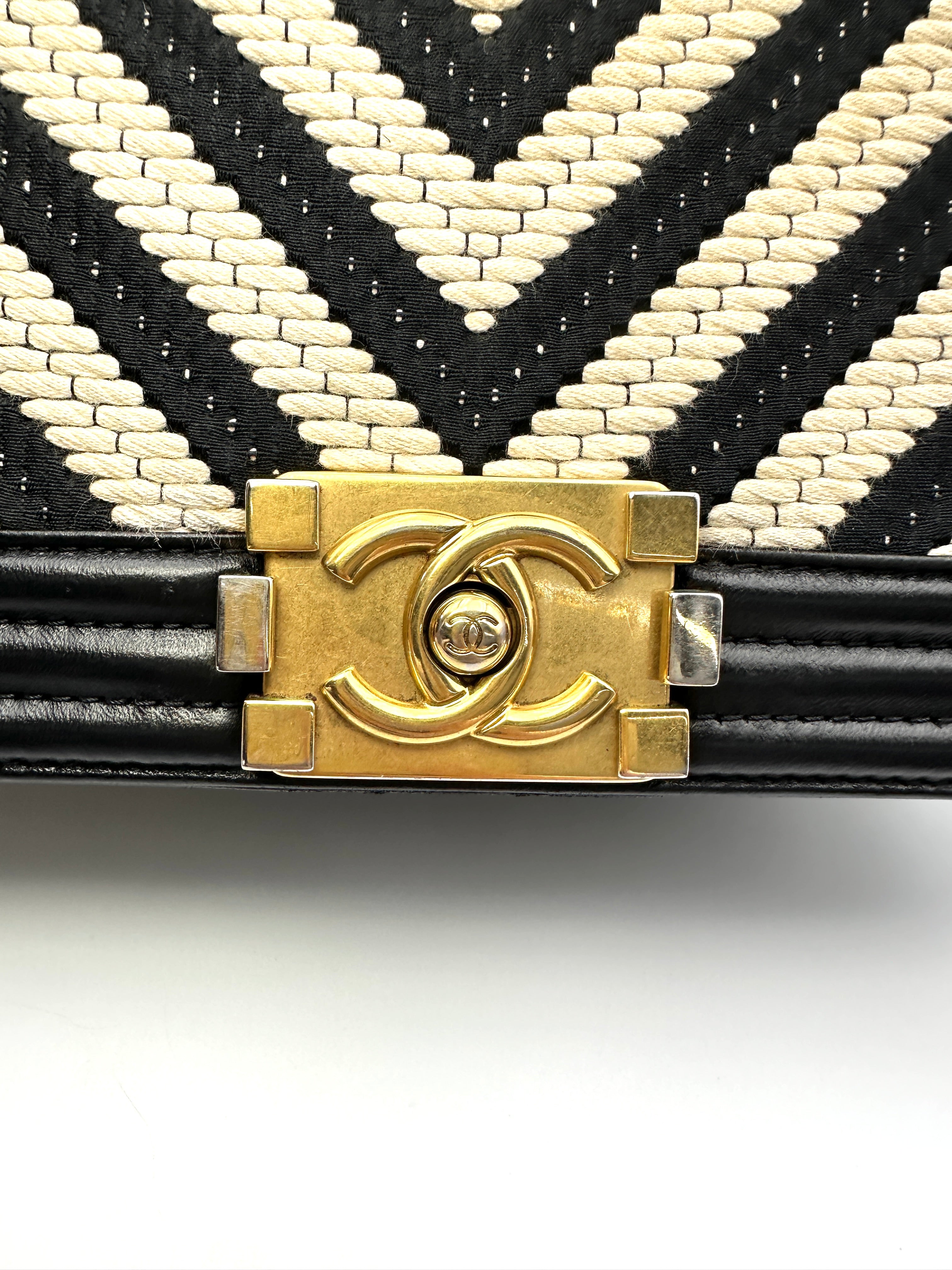 Chanel LeBoy Black/White Chevron Quilted Leather Medium Size Flap Bag With Gold Buckle(23***64)  CC2142
