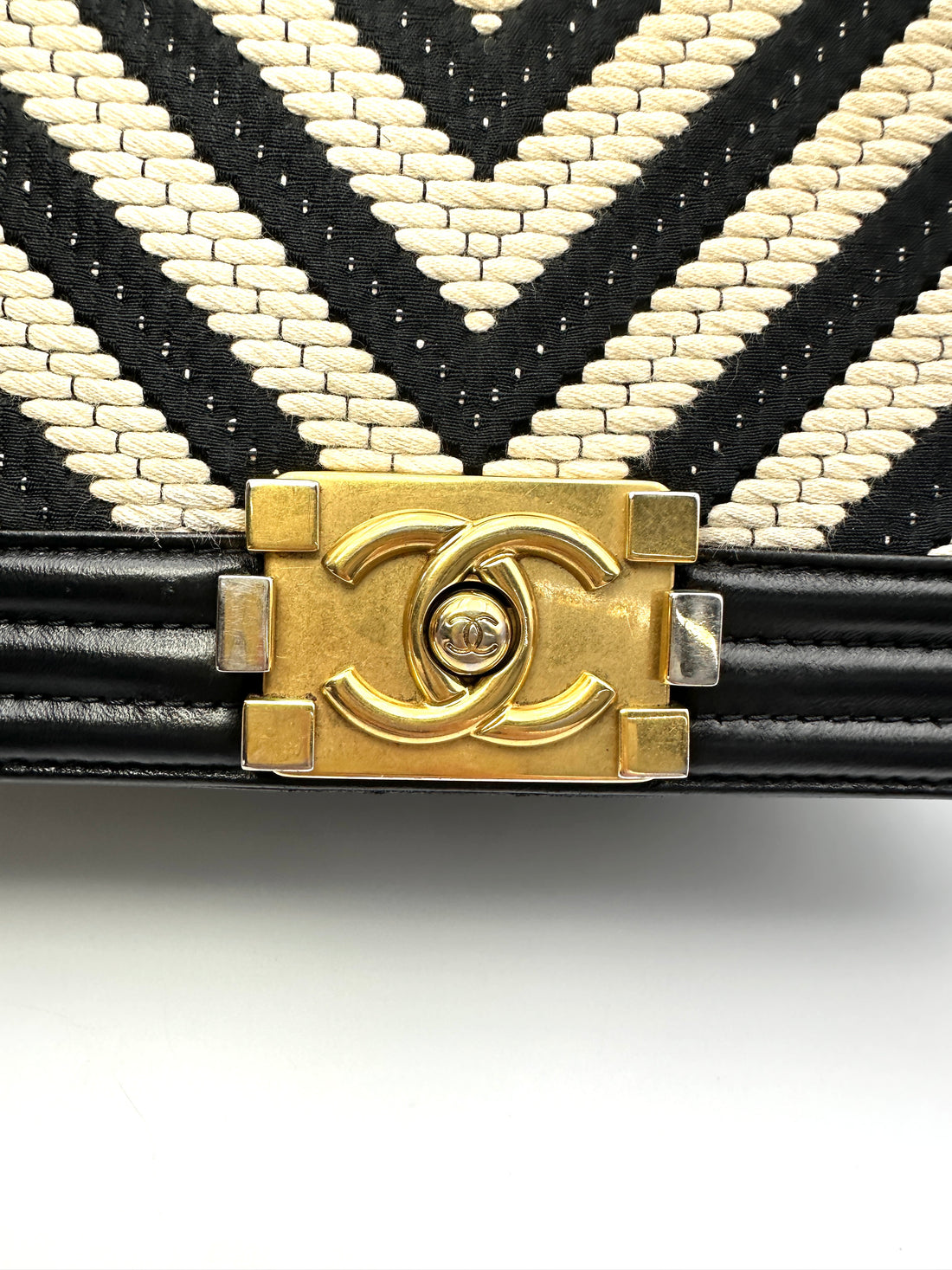 Chanel LeBoy Black/White Chevron Quilted Leather Medium Size Flap Bag With Gold Buckle(23***64)  CC2142