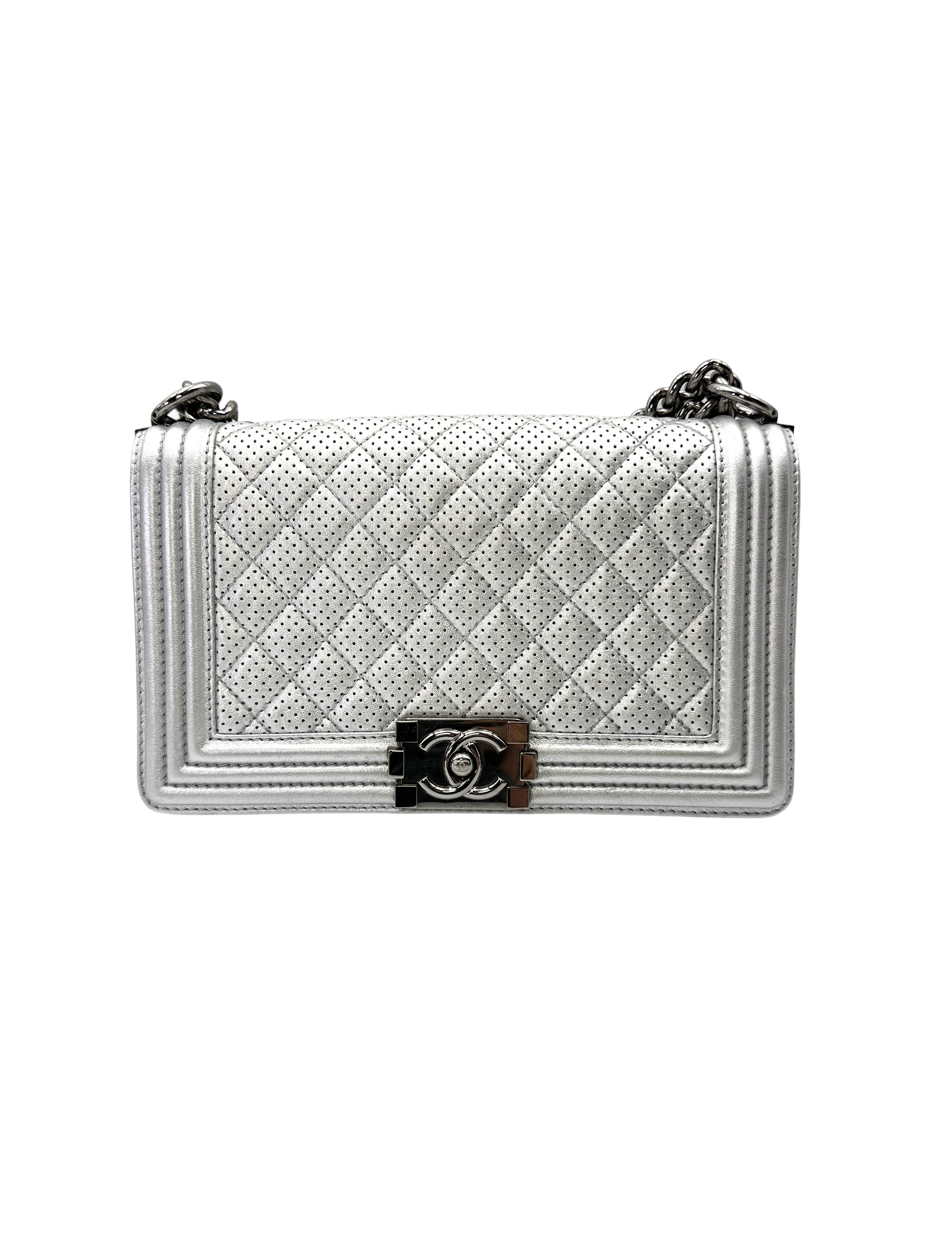 Chanel LeBoy Silver Perforated Quilted Leather Flap Bag With Silver Buckle(18***98) CC2147