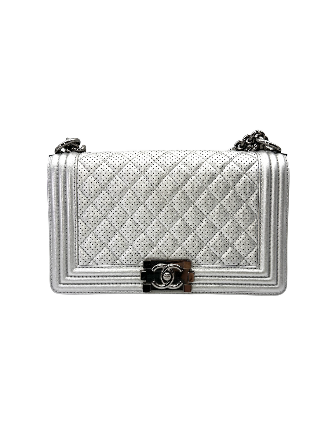Chanel LeBoy Silver Perforated Quilted Leather Flap Bag With Silver Buckle(18***98) CC2147