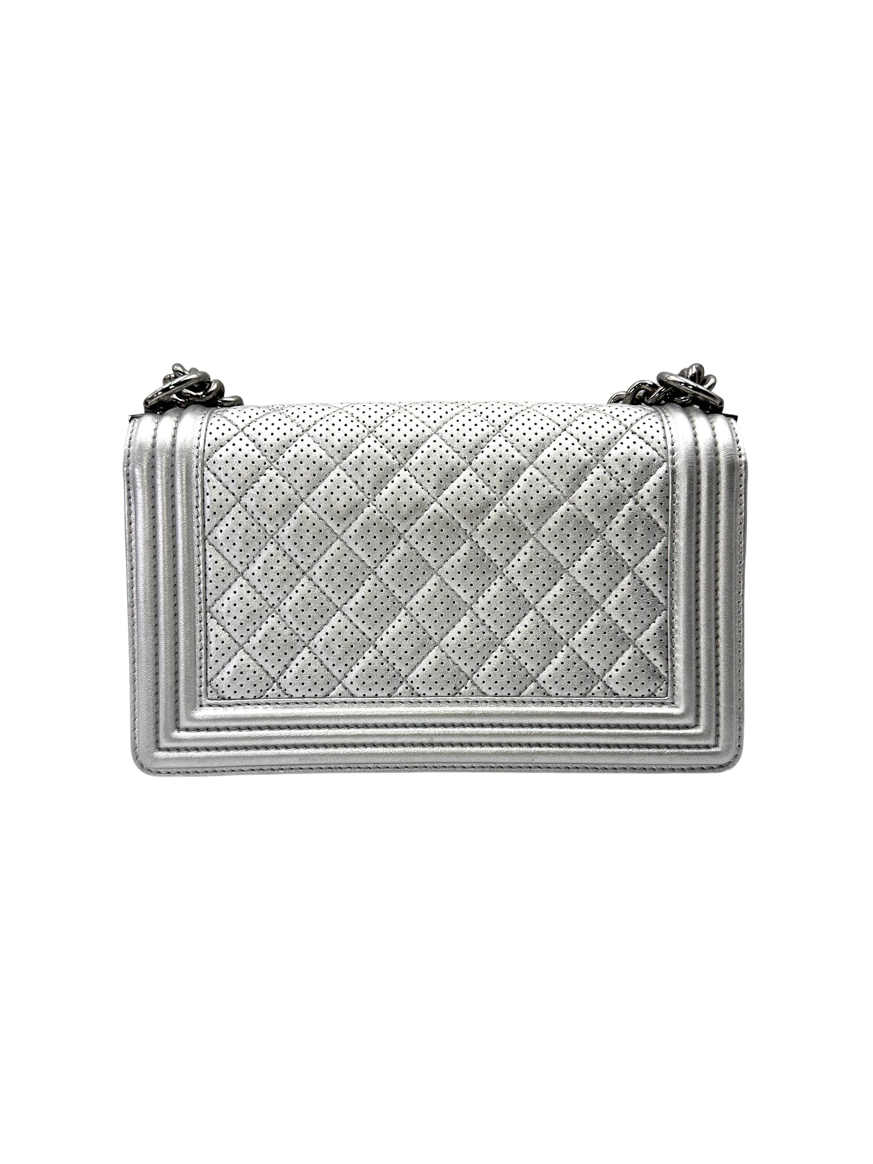 Chanel LeBoy Silver Perforated Quilted Leather Flap Bag With Silver Buckle(18***98) CC2147