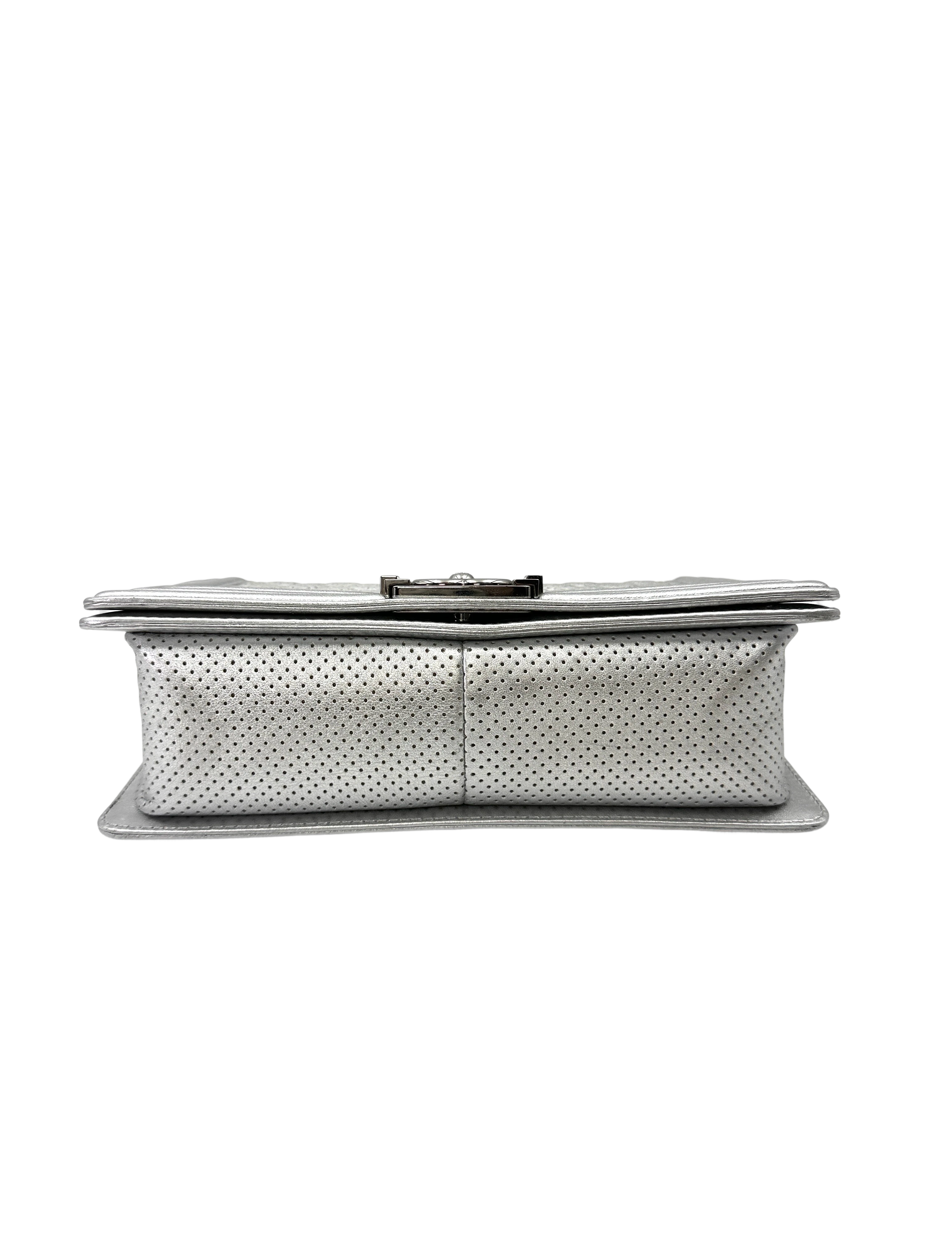 Chanel LeBoy Silver Perforated Quilted Leather Flap Bag With Silver Buckle(18***98) CC2147