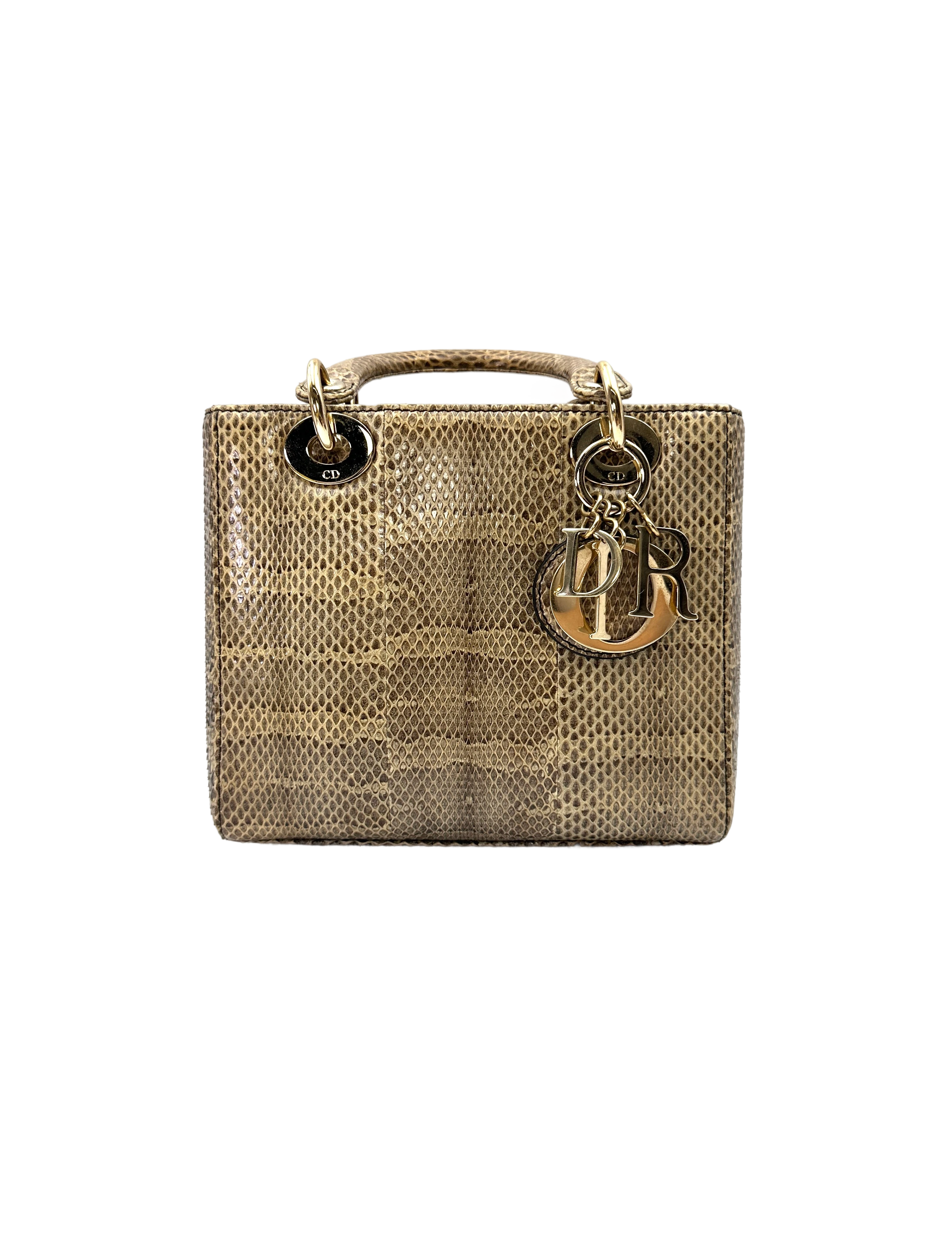Christian Dior Lady Dior Gold Python Leather Handle Bag With Gold Charms DR797