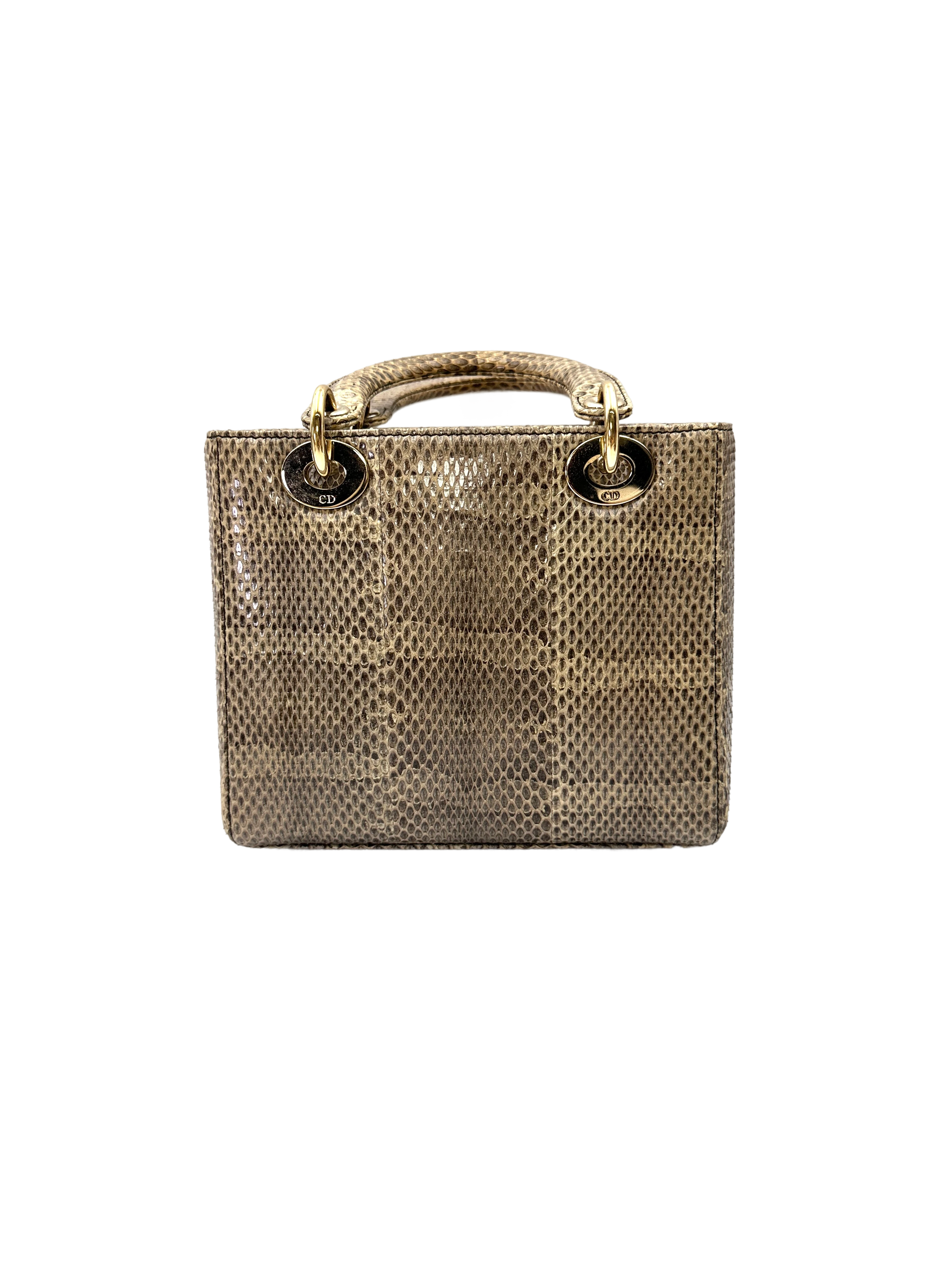 Christian Dior Lady Dior Gold Python Leather Handle Bag With Gold Charms DR797