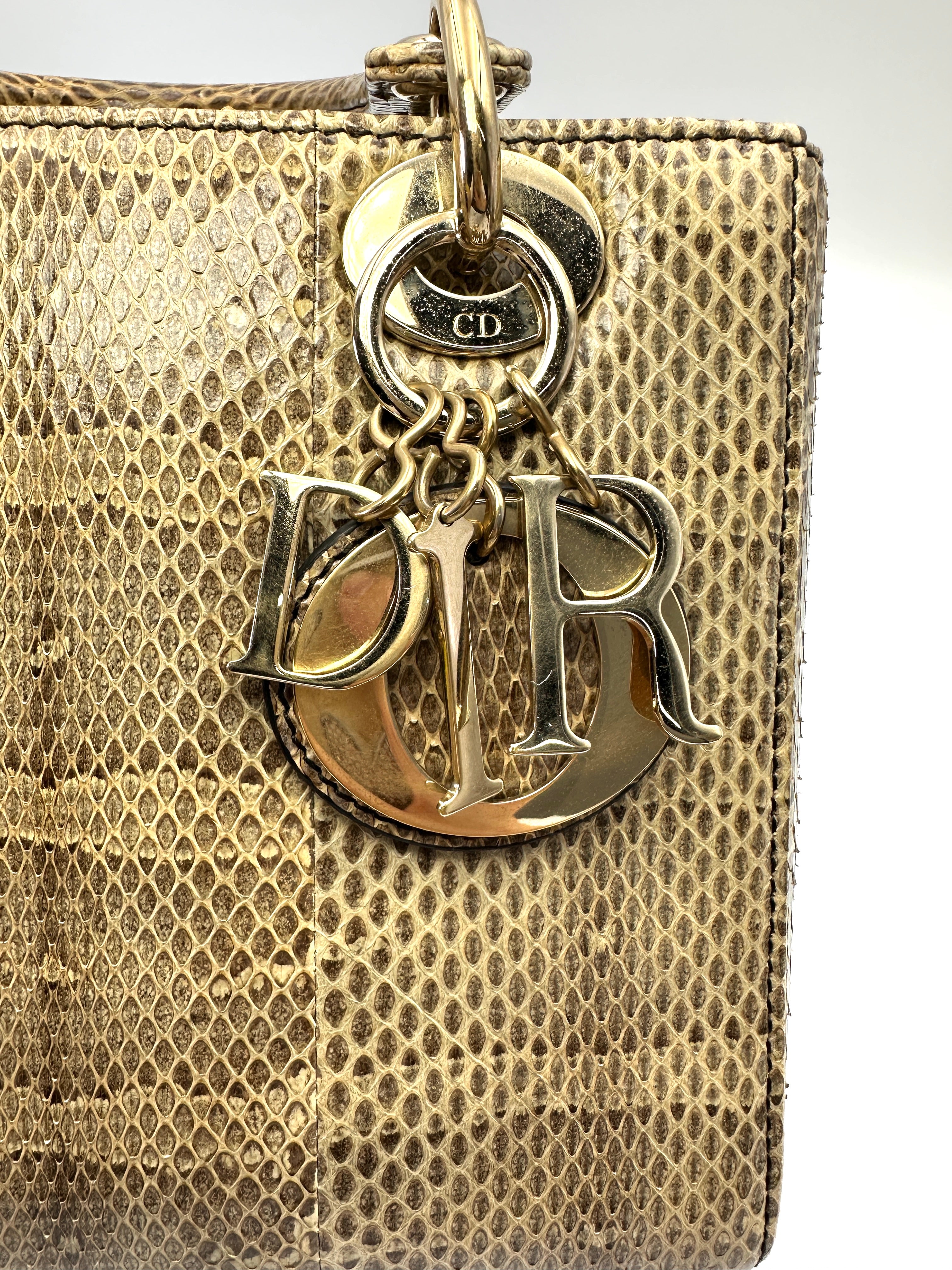 Christian Dior Lady Dior Gold Python Leather Handle Bag With Gold Charms DR797