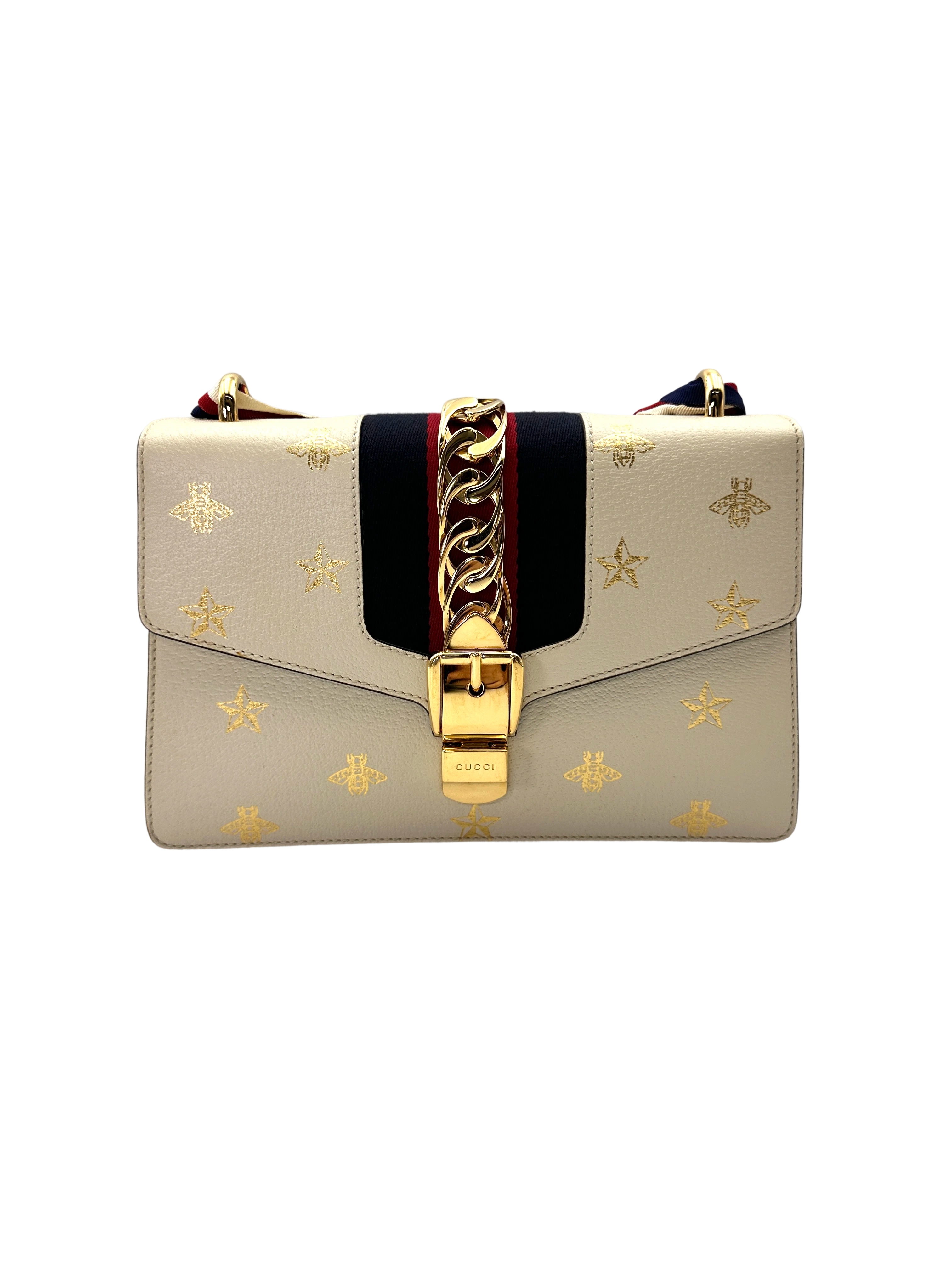 Gucci Sylvie Bee Star White Leather Top Handle Bag GG1313