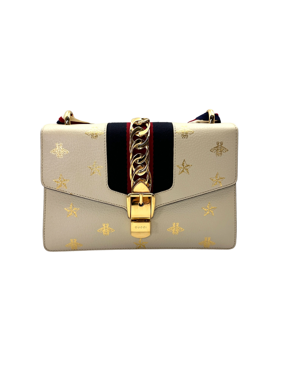 Gucci Sylvie Bee Star White Leather Top Handle Bag GG1313