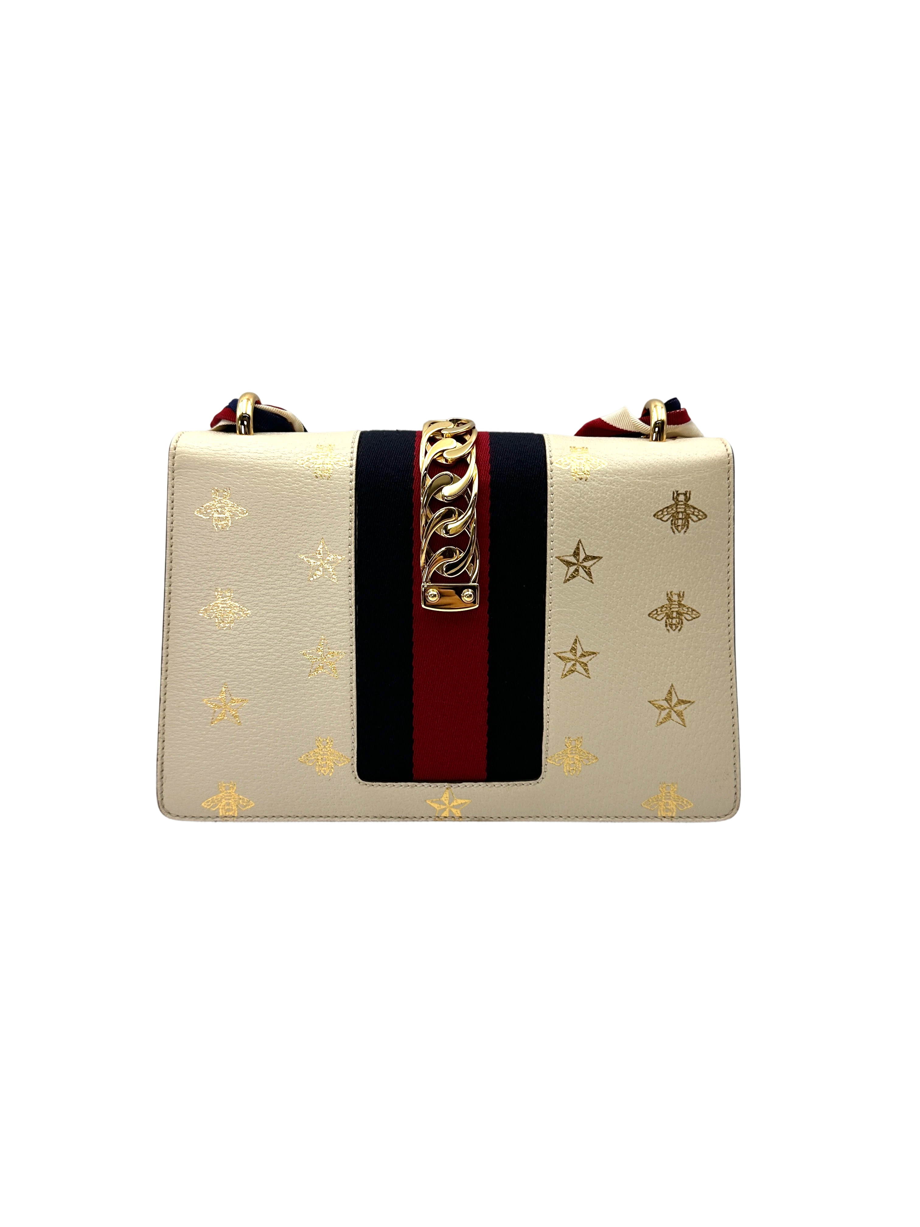 Gucci Sylvie Bee Star White Leather Top Handle Bag GG1313