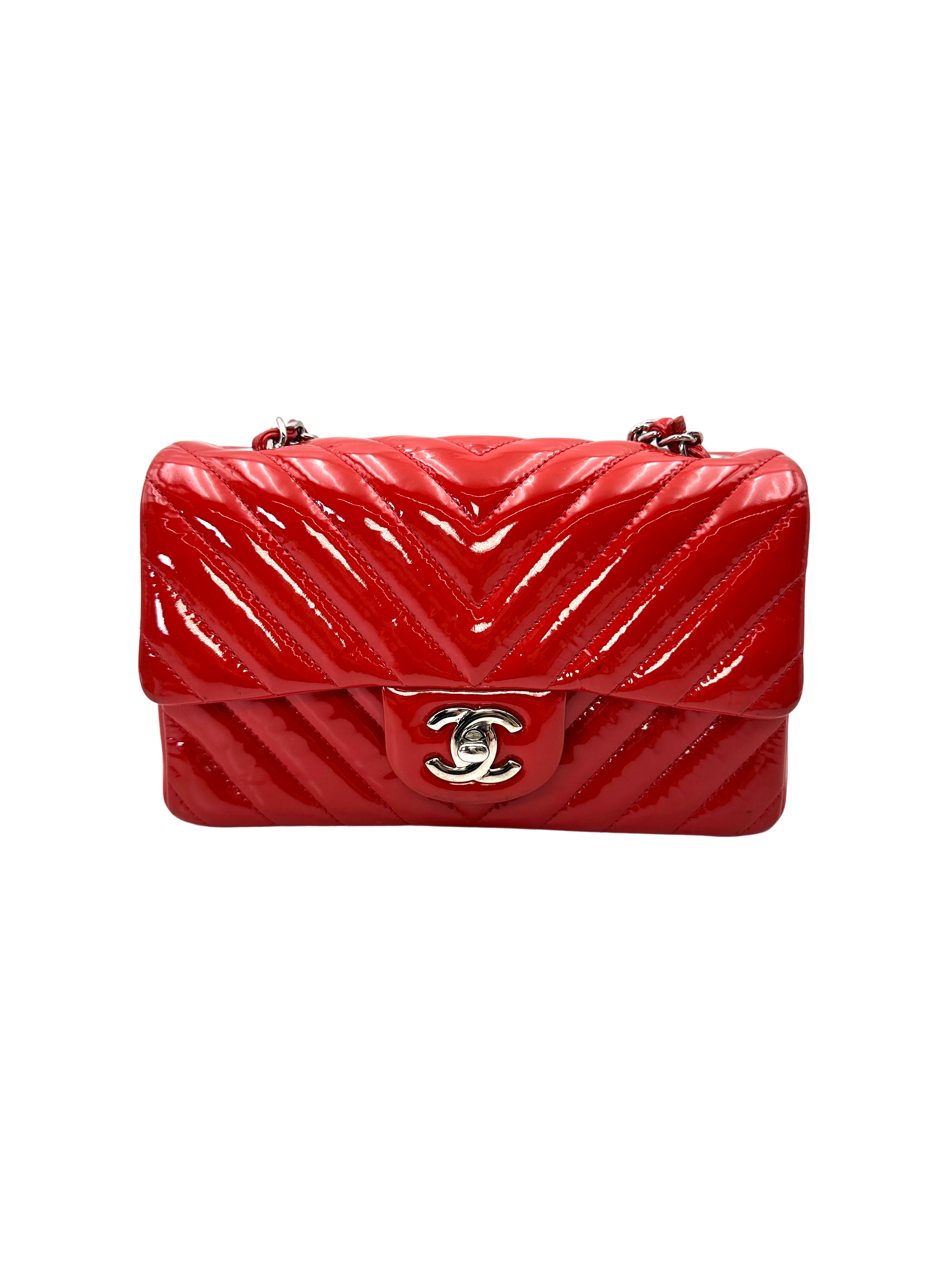Chanel Classic Flap Red Chevron Quilted Patent Leather Shoulder Bag With Silver Buckle(21***61) CC2151