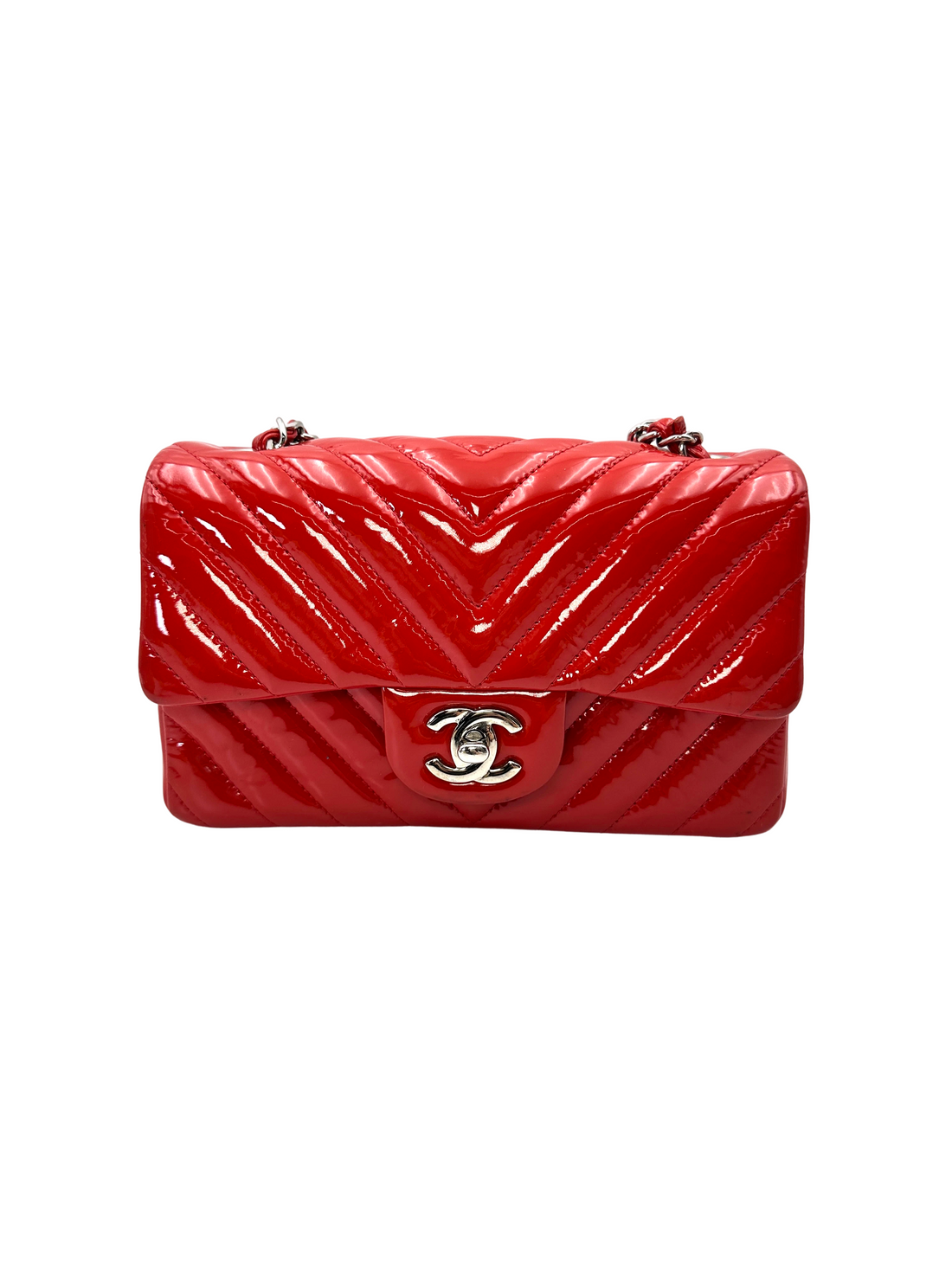 Chanel Classic Flap Red Chevron Quilted Patent Leather Shoulder Bag With Silver Buckle(21***61) CC2151