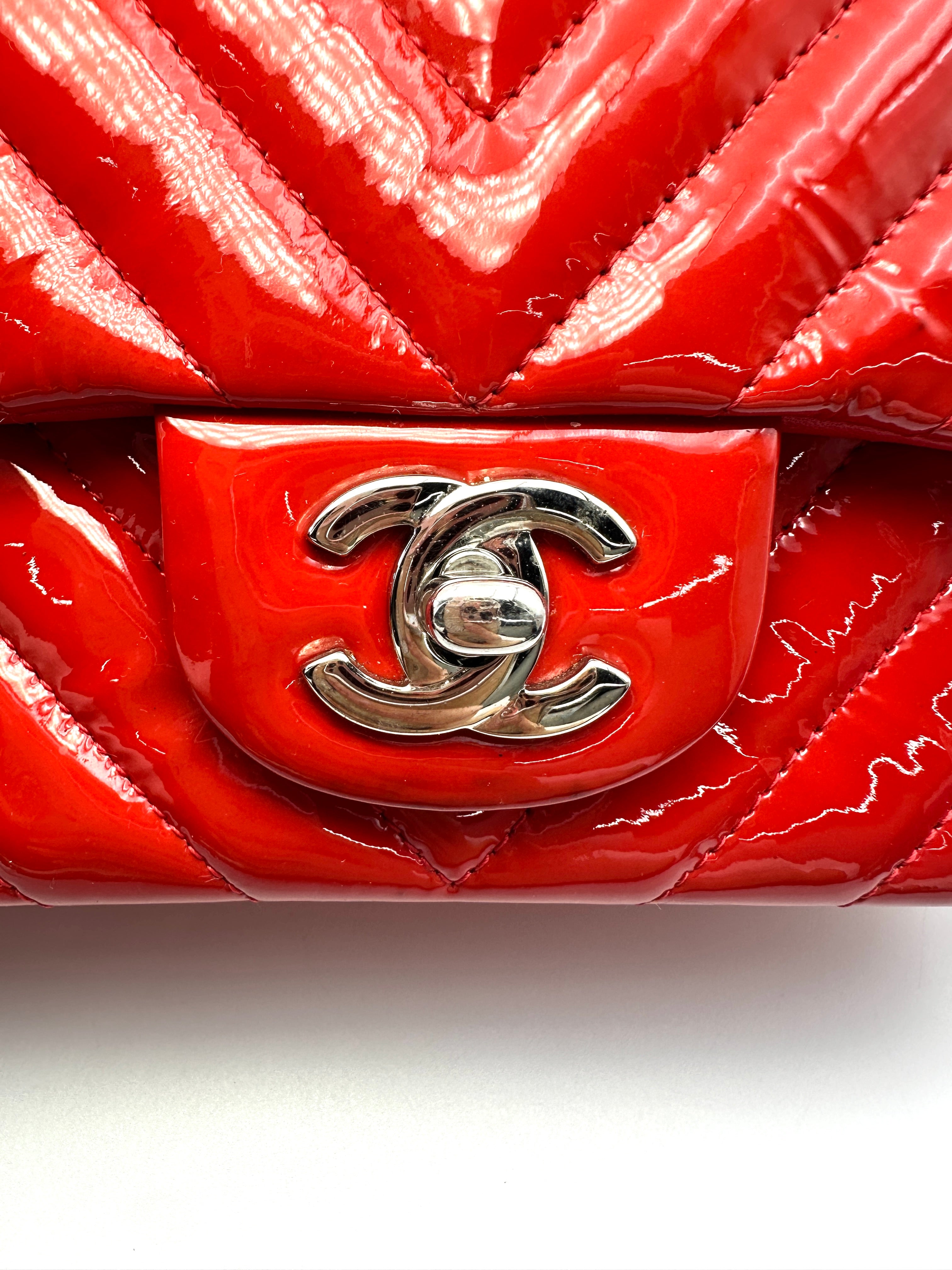Chanel Classic Flap Red Chevron Quilted Patent Leather Shoulder Bag With Silver Buckle(21***61) CC2151