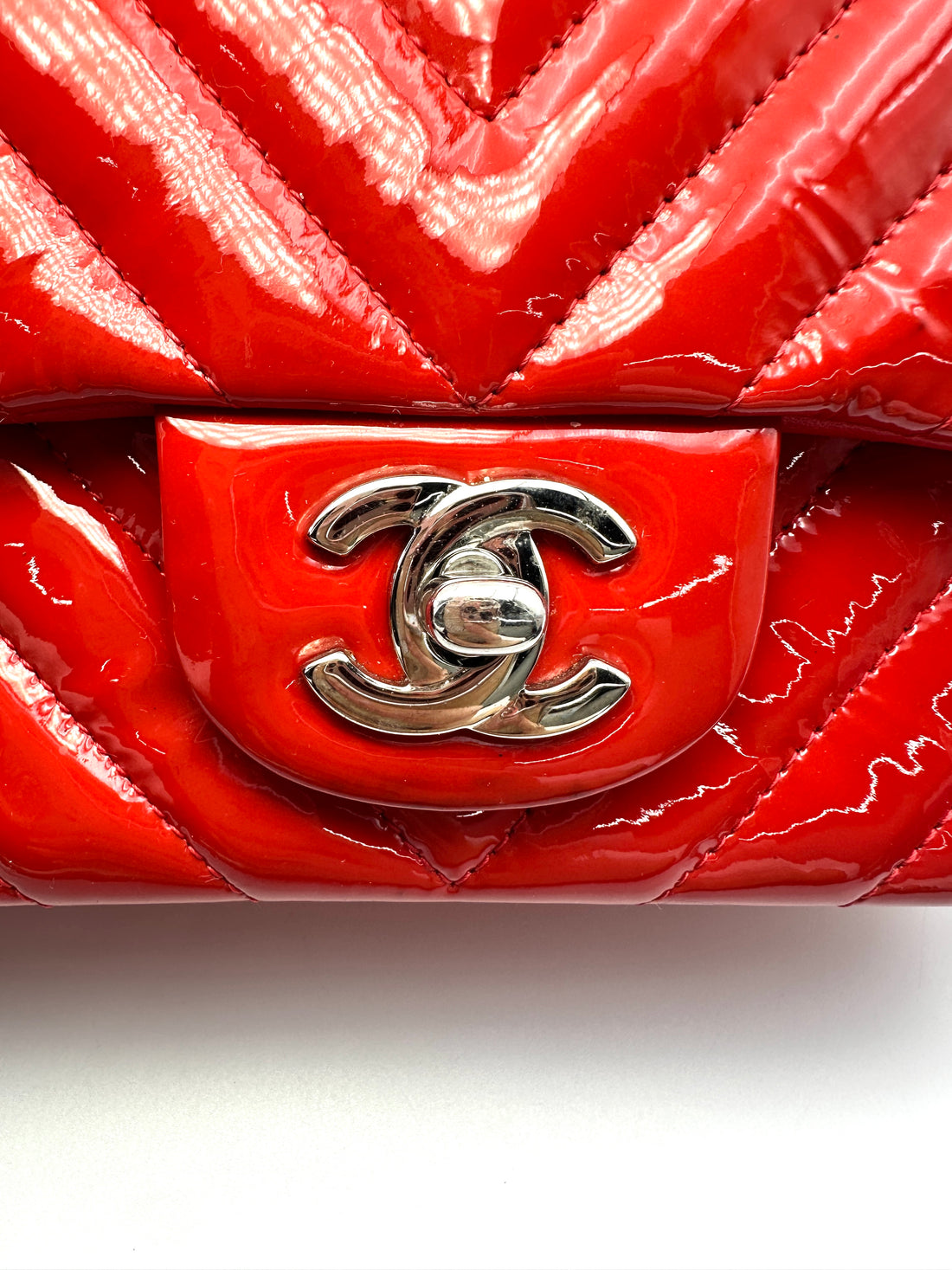 Chanel Classic Flap Red Chevron Quilted Patent Leather Shoulder Bag With Silver Buckle(21***61) CC2151