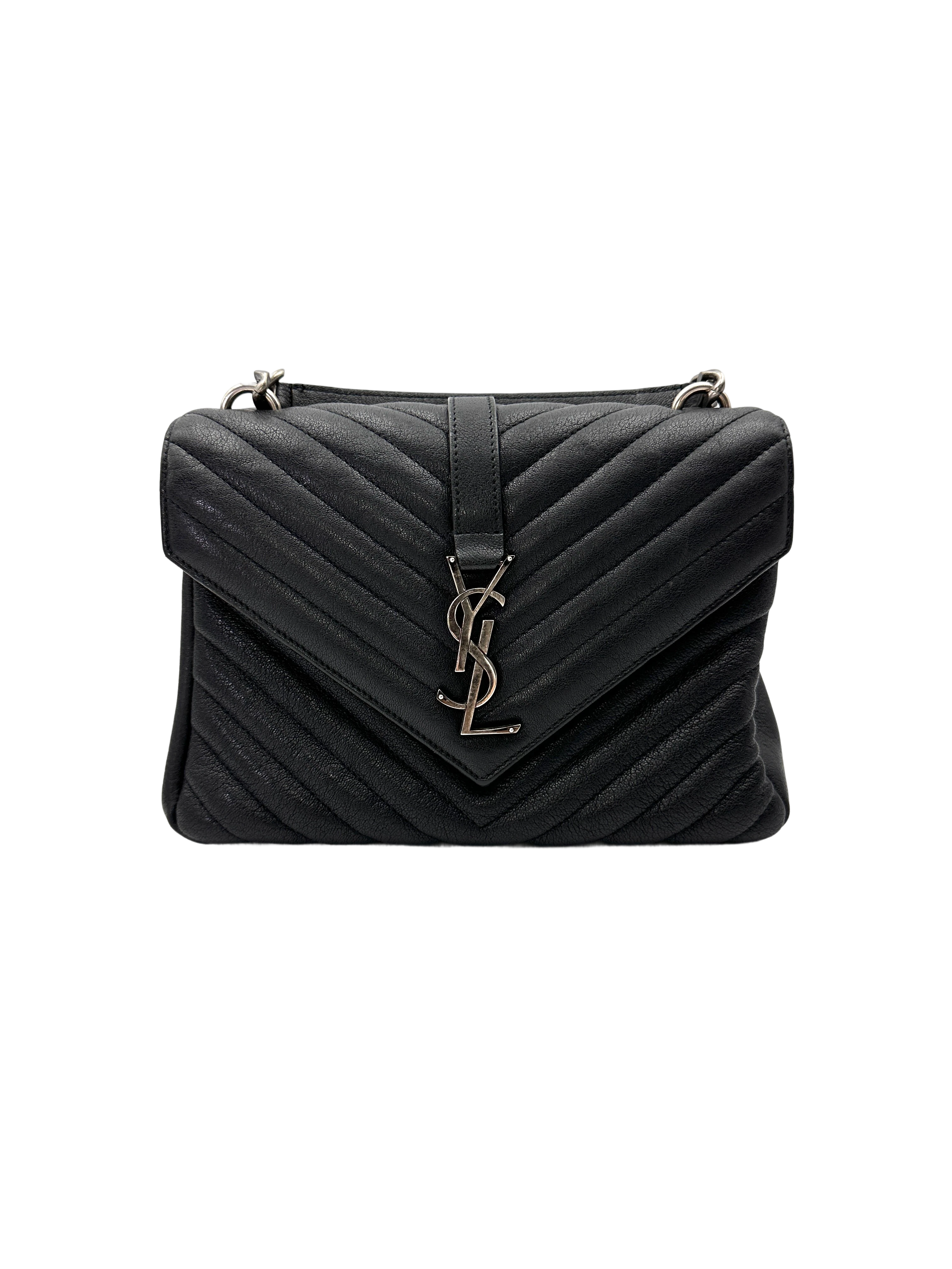 Saint Laurent College Black Chevron Quilted Leather Medium Size Flap Bag SL258