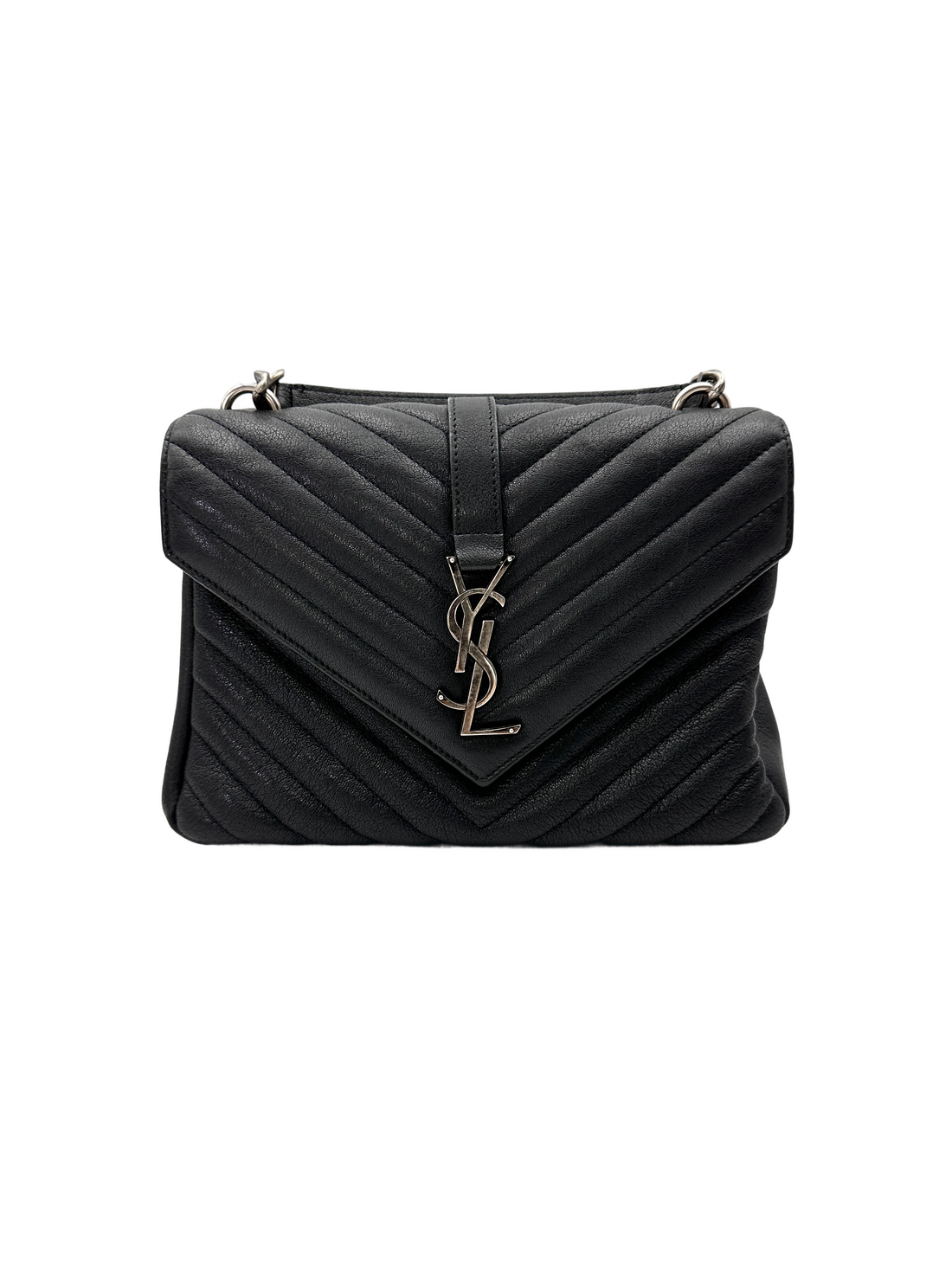 Saint Laurent College Black Chevron Quilted Leather Medium Size Flap Bag SL258