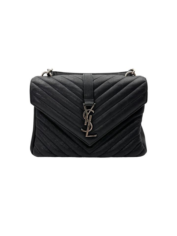 Saint Laurent College Black Chevron Quilted Leather Medium Size Flap Bag SL258