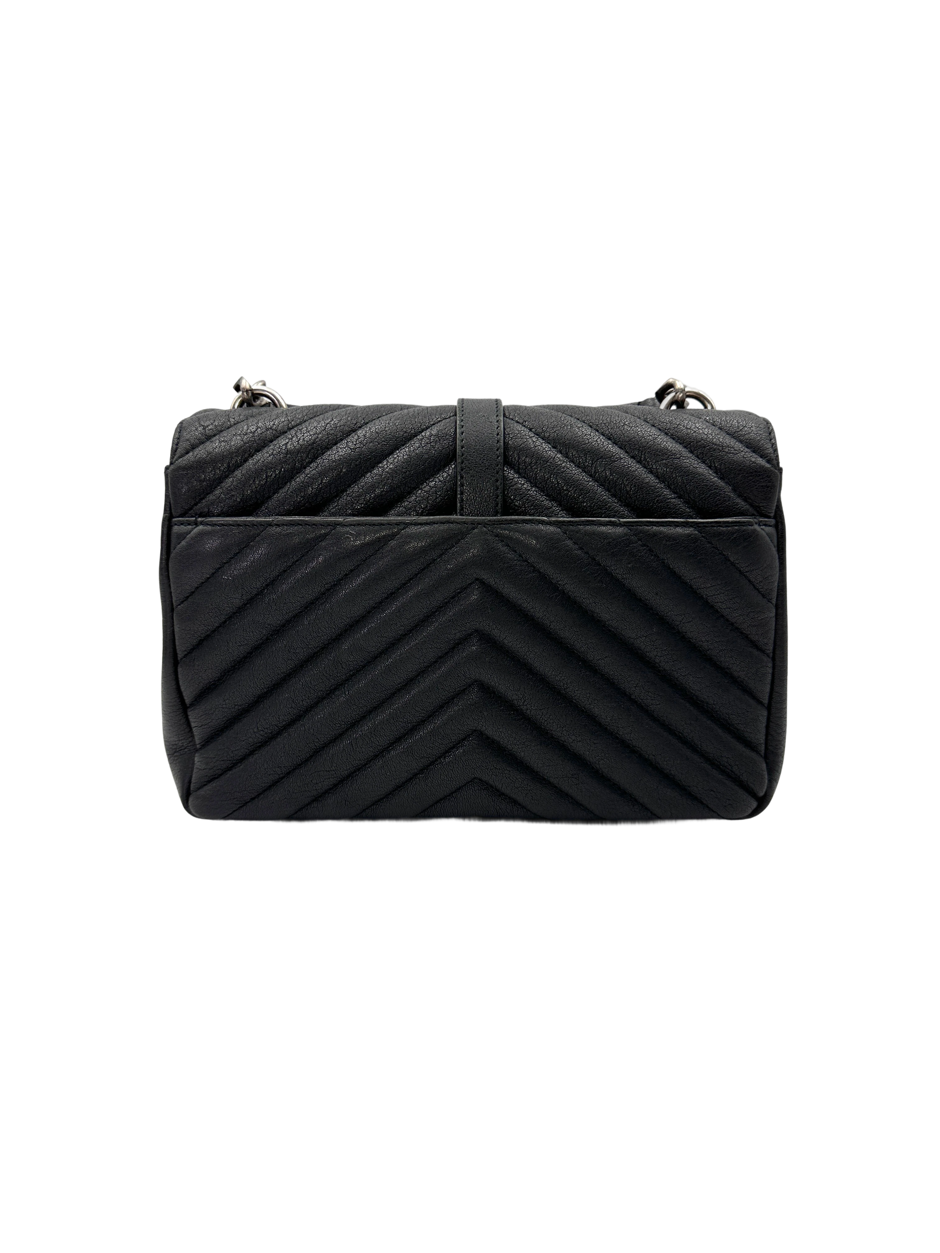 Saint Laurent College Black Chevron Quilted Leather Medium Size Flap Bag SL258