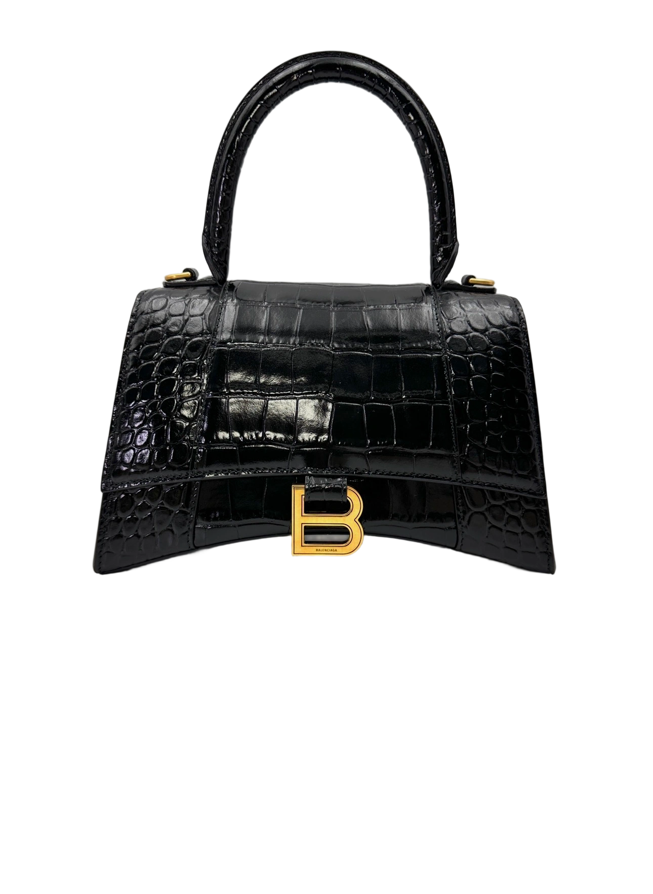Balenciaga Hourglass Black Croc-Embossed Leather Handle Bag BB76