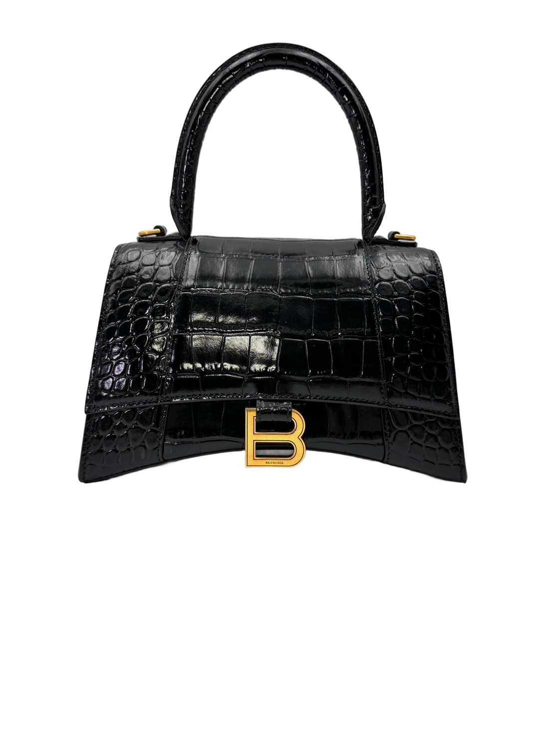Balenciaga Hourglass Black Croc-Embossed Leather Handle Bag BB76