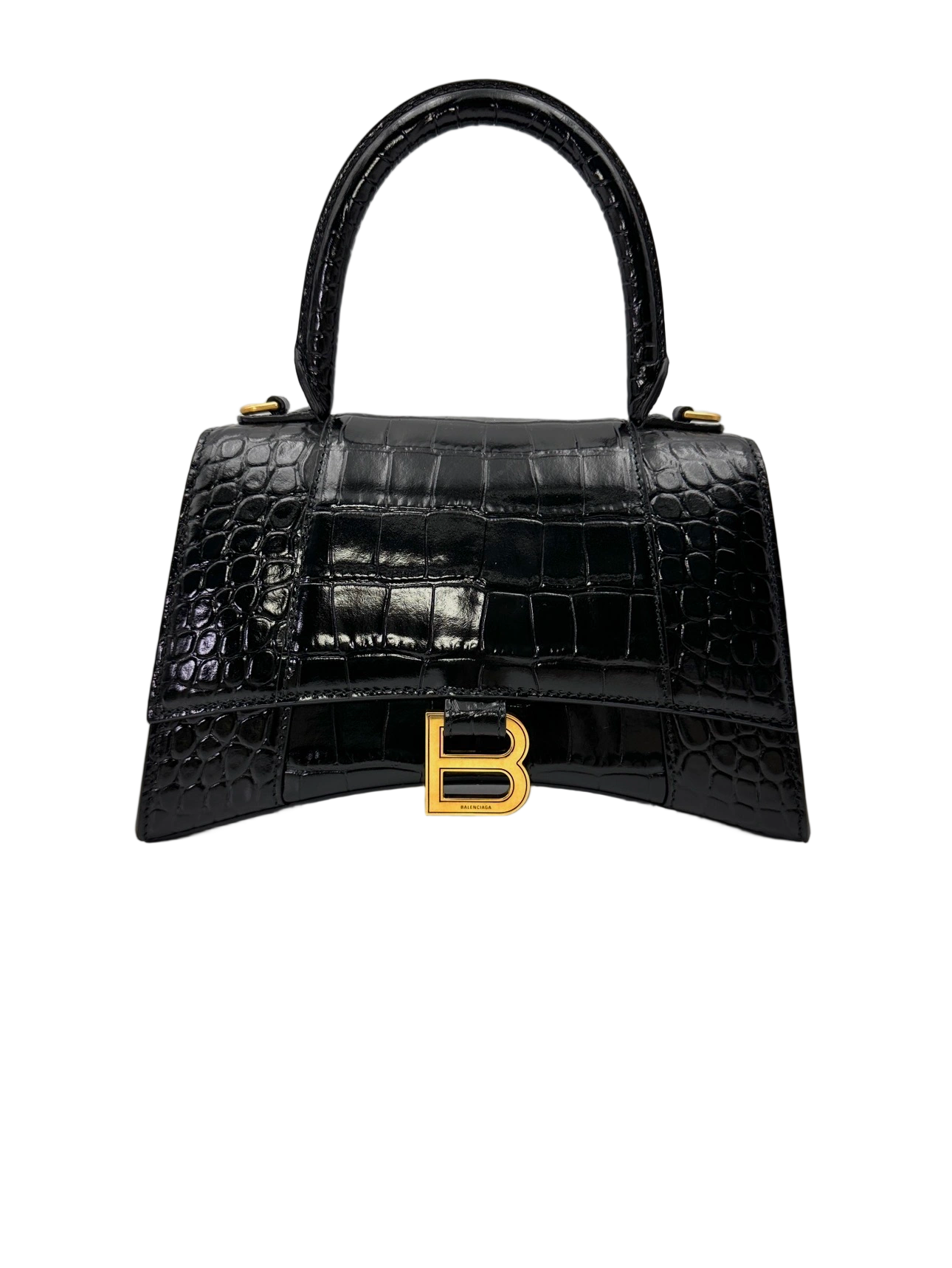 Balenciaga Hourglass Black Croc-Embossed Leather Handle Bag BB78