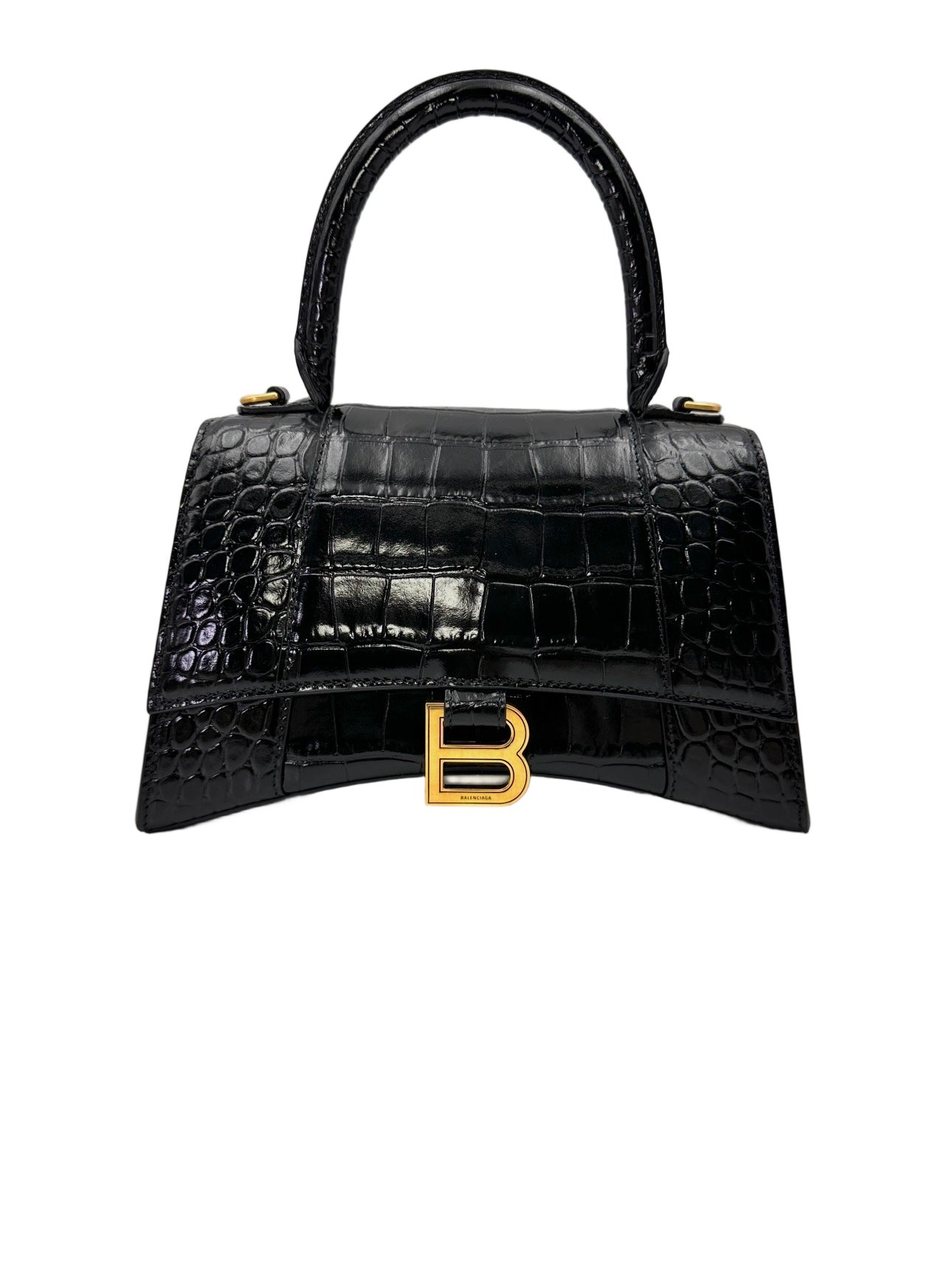 Balenciaga Hourglass Black Croc-Embossed Leather Handle Bag BB77