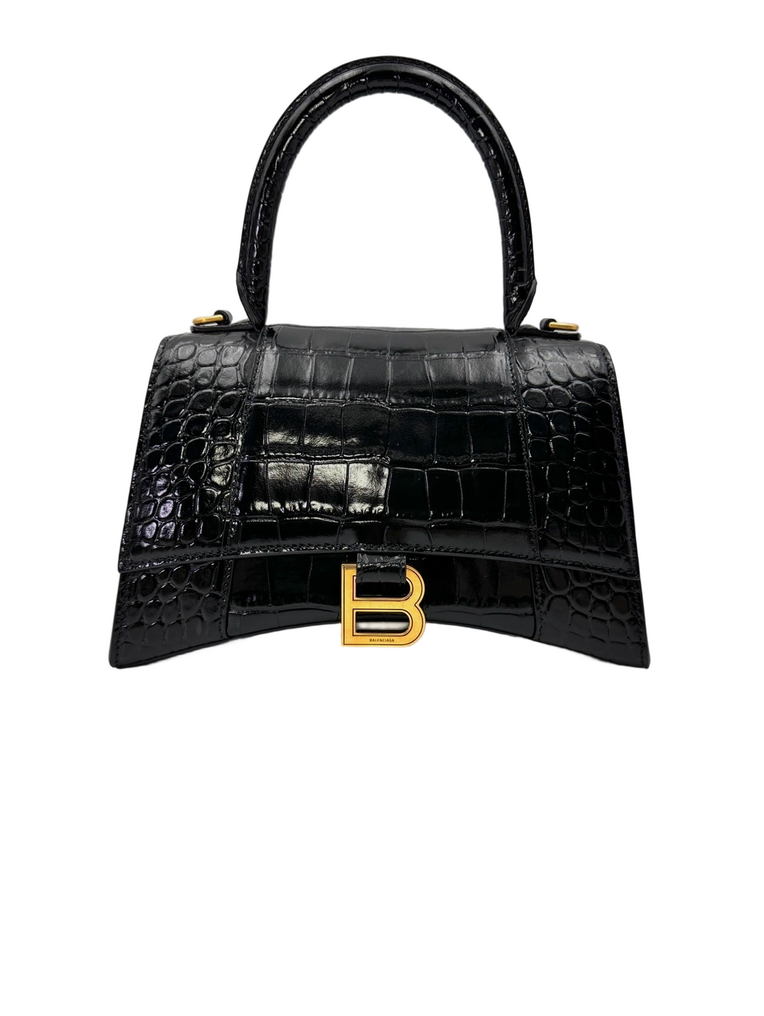 Balenciaga Hourglass Black Croc-Embossed Leather Handle Bag BB77