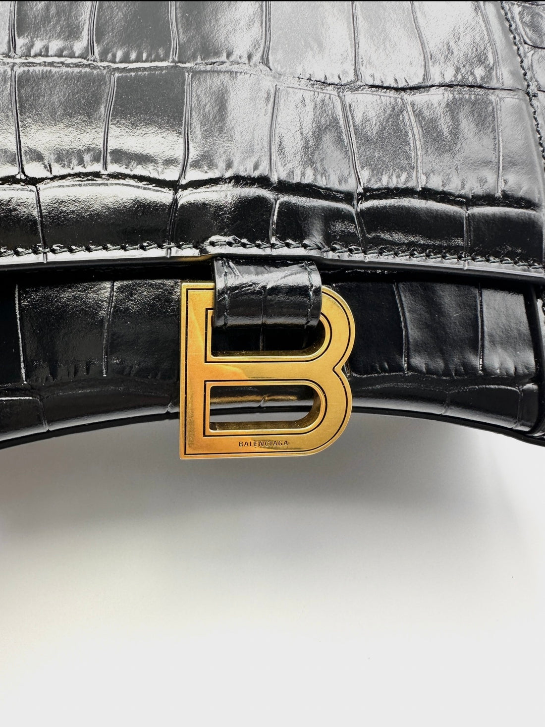Balenciaga Hourglass Black Croc-Embossed Leather Handle Bag BB77